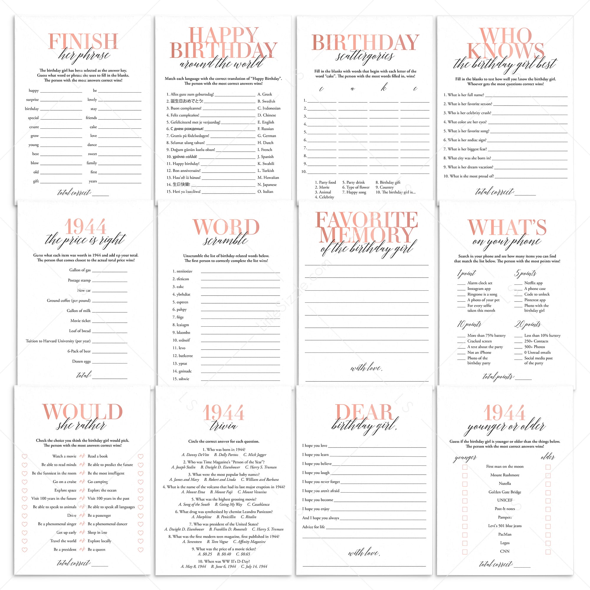 Born In 1944 81st Birthday Party Games Bundle For Women by LittleSizzle