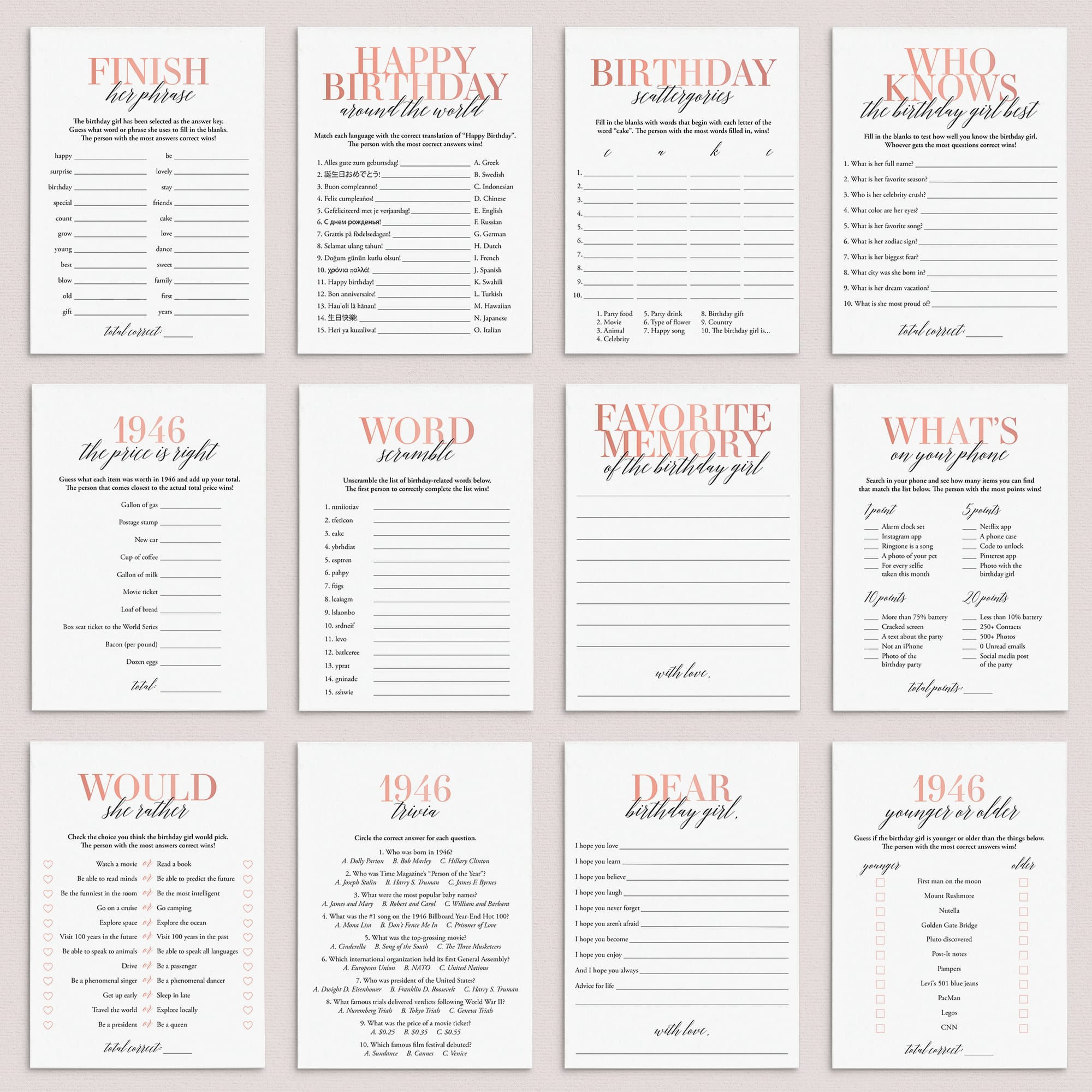 Born In 1946 80th Birthday Party Games Bundle For Women by LittleSizzle