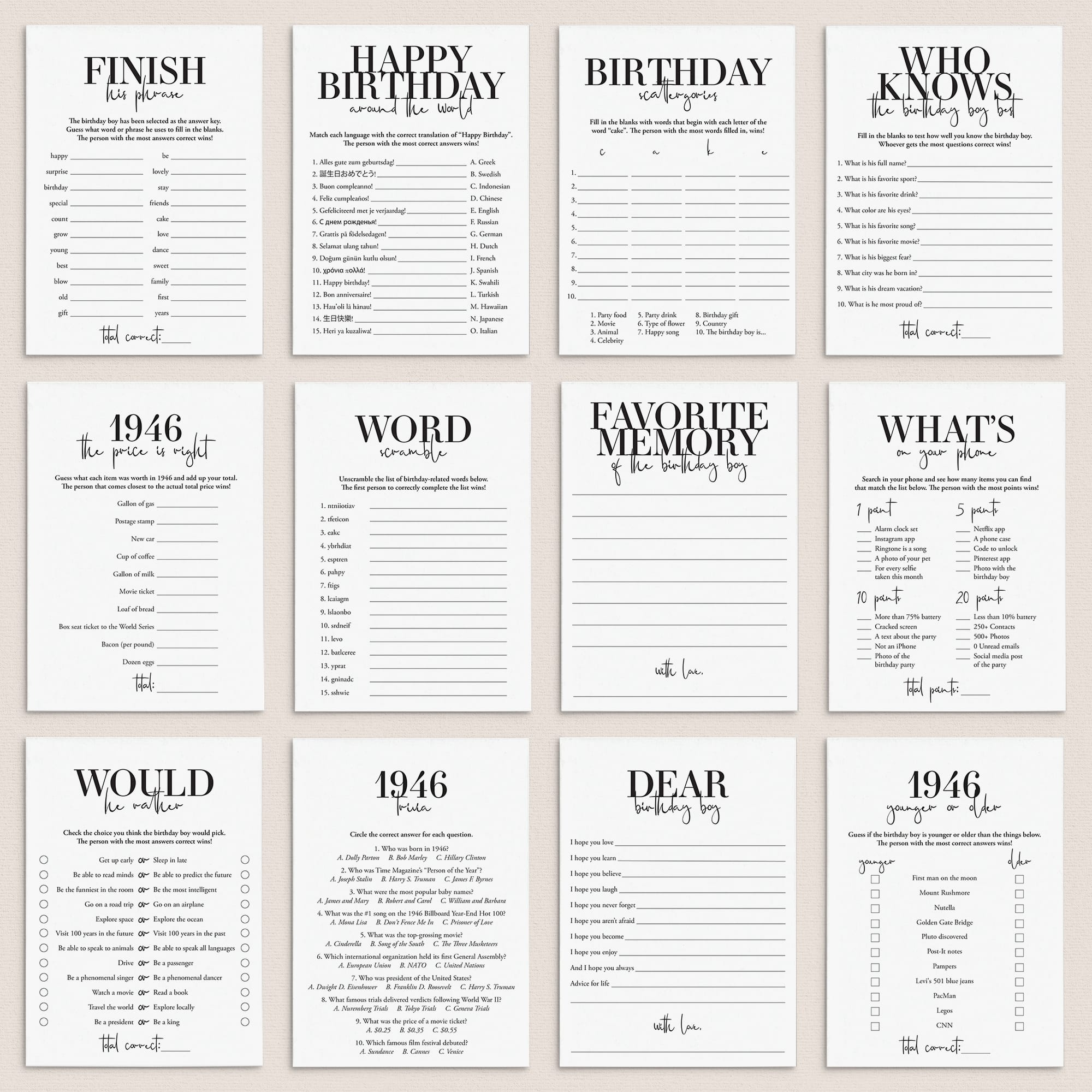 Born in 1946 80th Birthday Party Games Bundle For Men by LittleSizzle