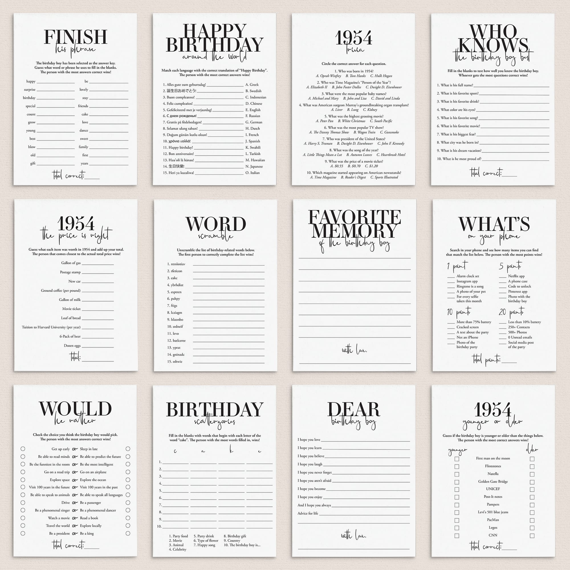 Born in 1954 71st Birthday Party Games Bundle For Men by LittleSizzle