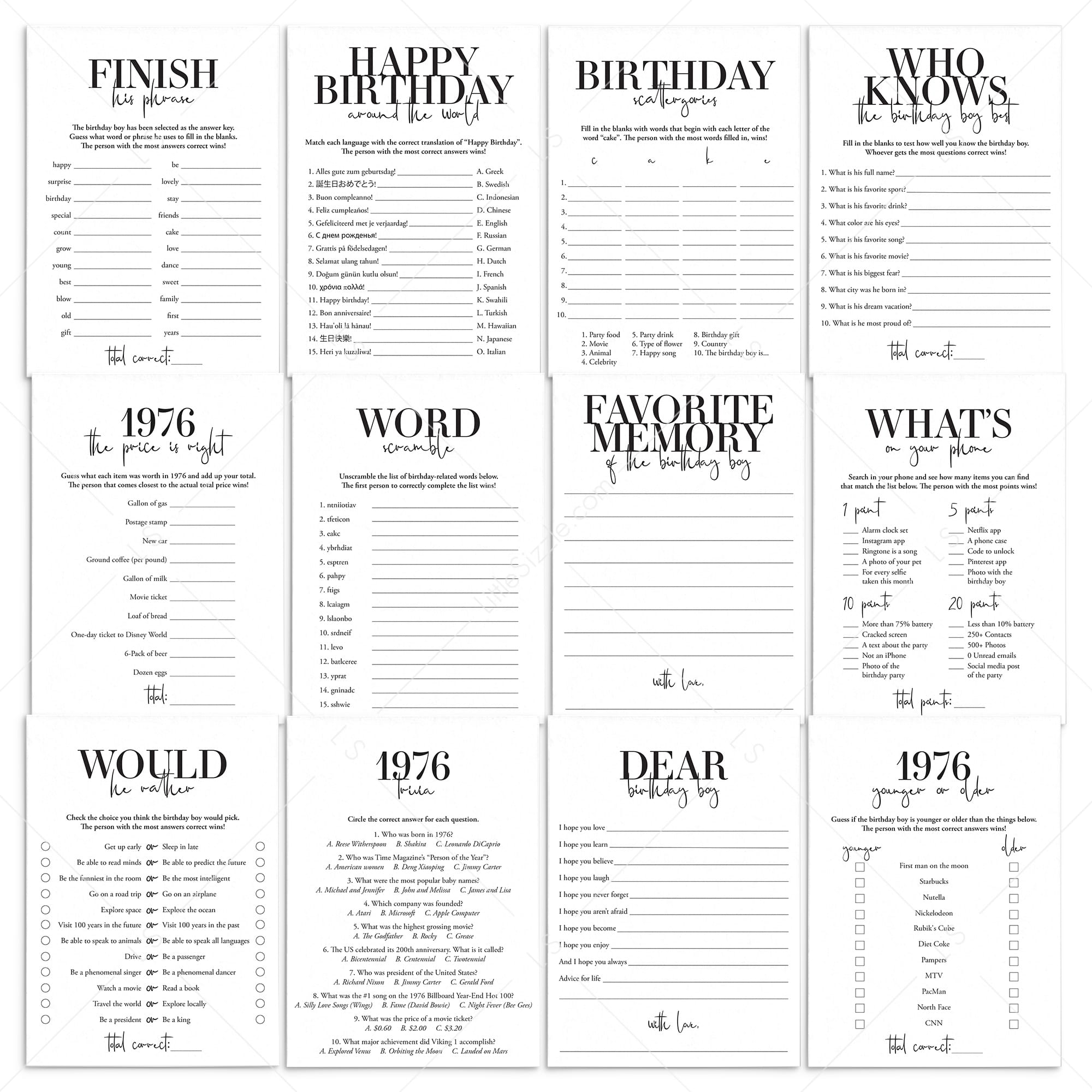 Born in 1976 50th Birthday Party Games Bundle For Men by LittleSizzle