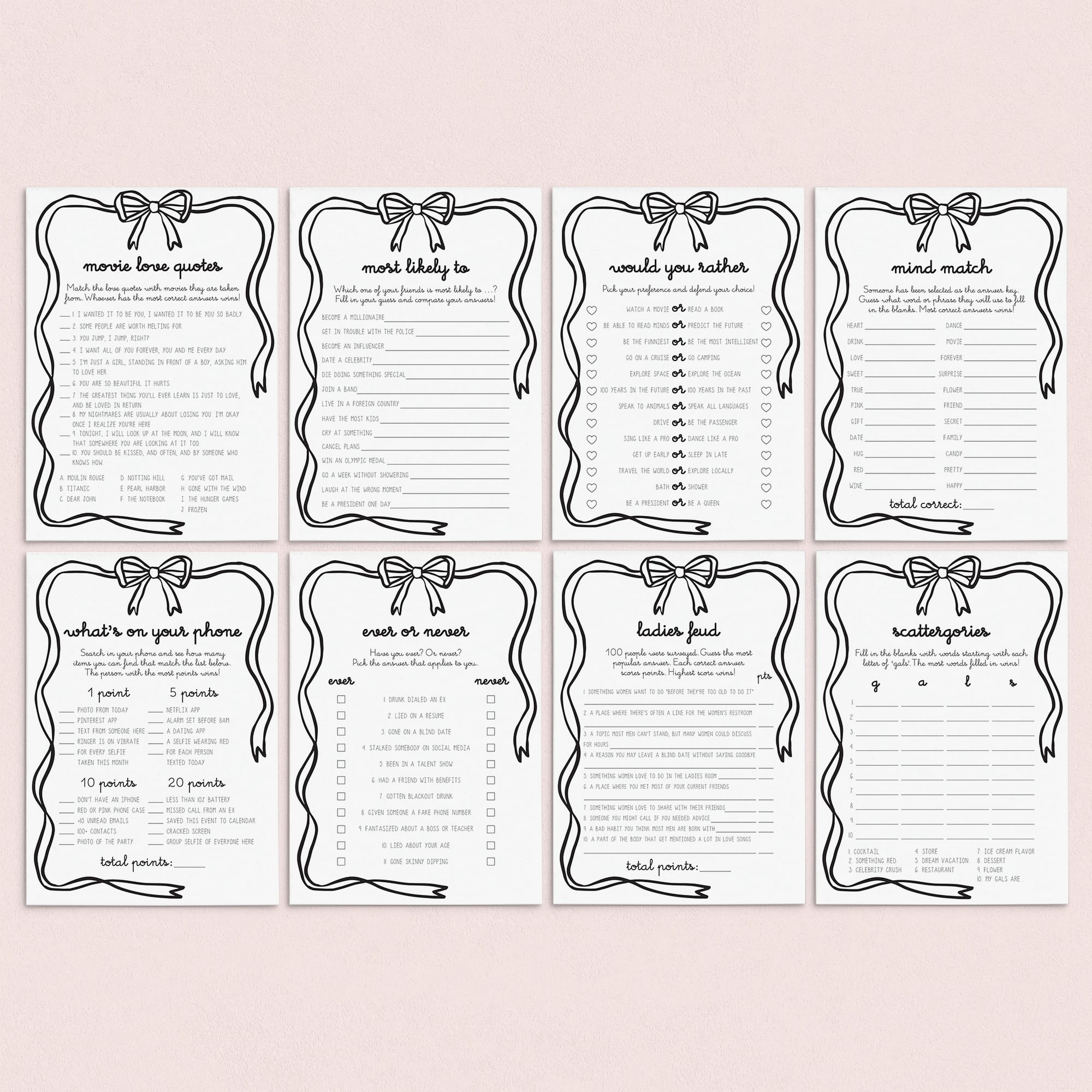 Girls Night Games Printable Bundle Bow Theme by LittleSizzle