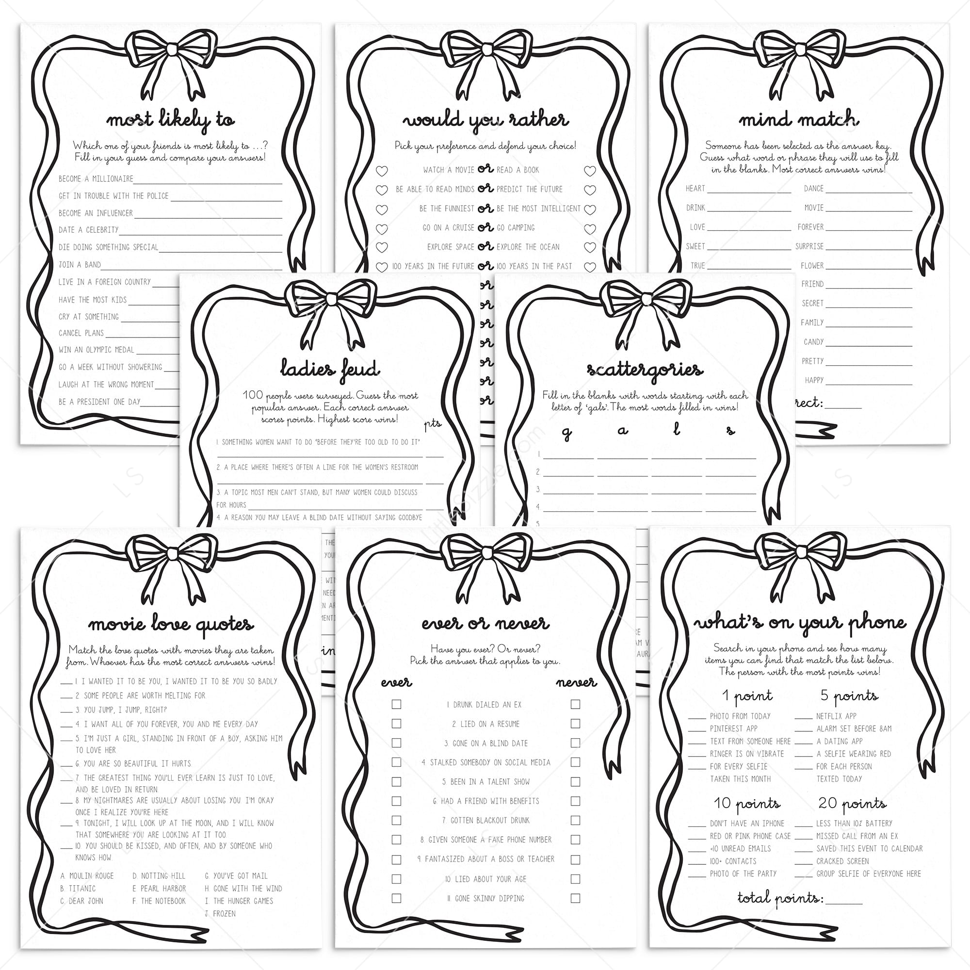 Girls Night Games Printable Bundle Bow Theme by LittleSizzle