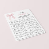 Coquette Baby Shower Bingo Printable Pink Bow Theme