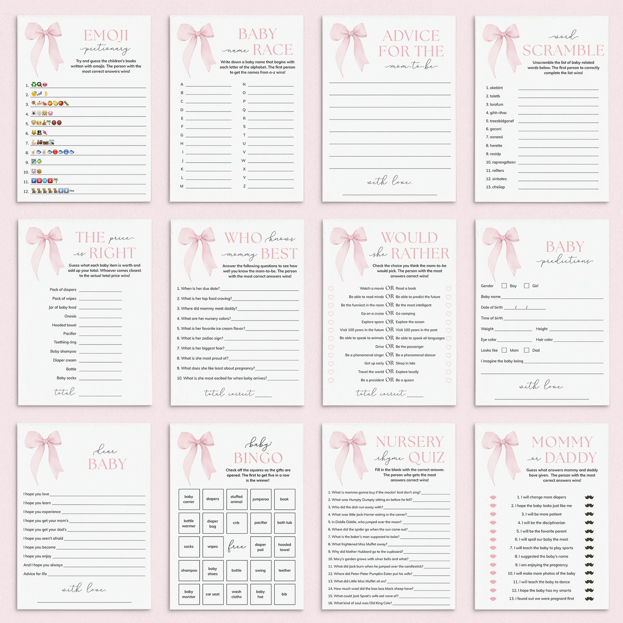 Pink Bow Baby Shower Games Printable by LittleSizzle
