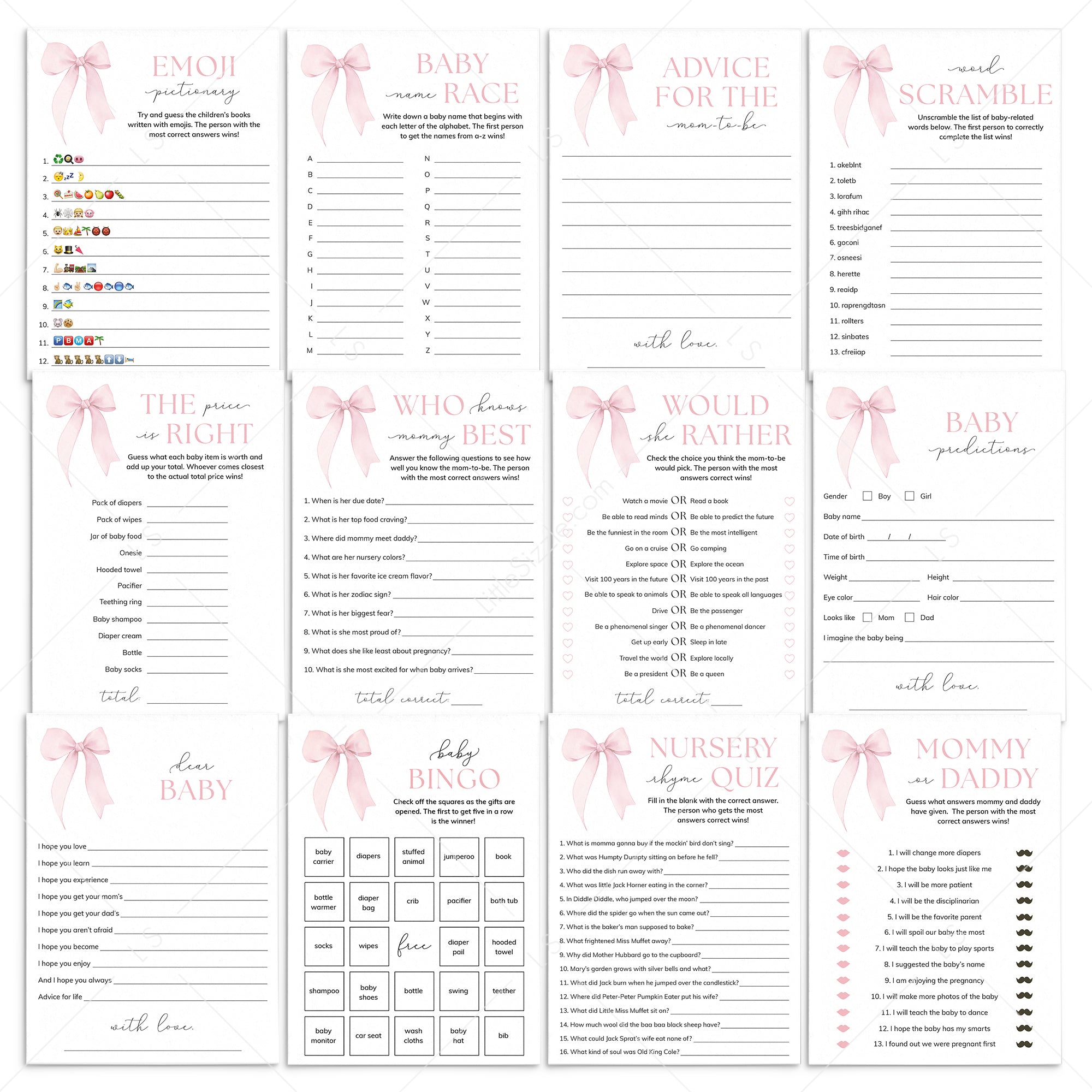 Pink Bow Baby Shower Games Printable by LittleSizzle