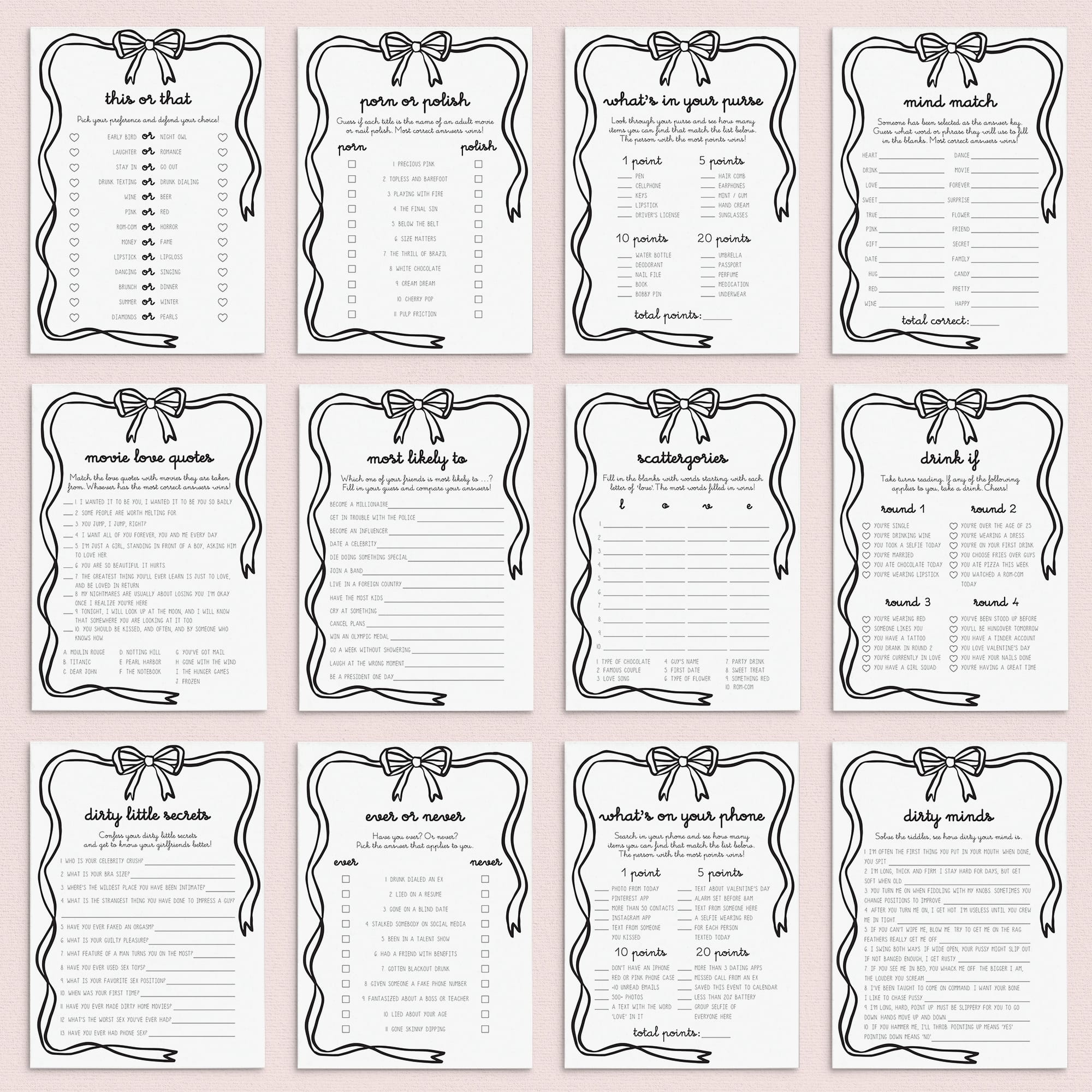 Black Bow Galentines Party Games Printable by LittleSizzle