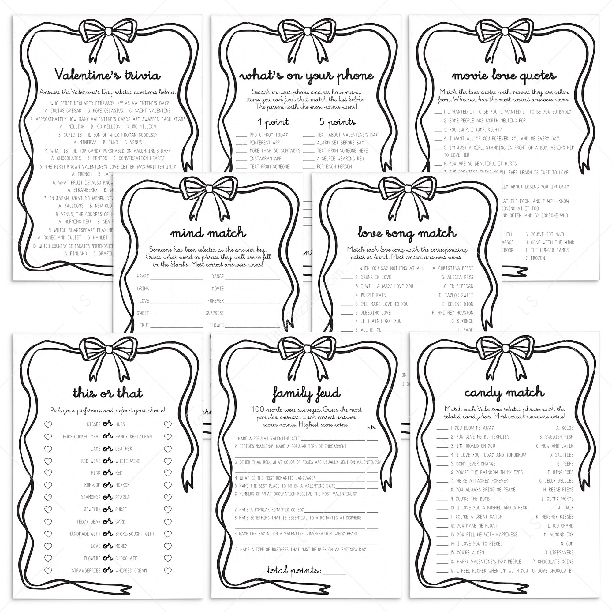 Valentine's Day Games Printable Black Bow Theme by LittleSizzle