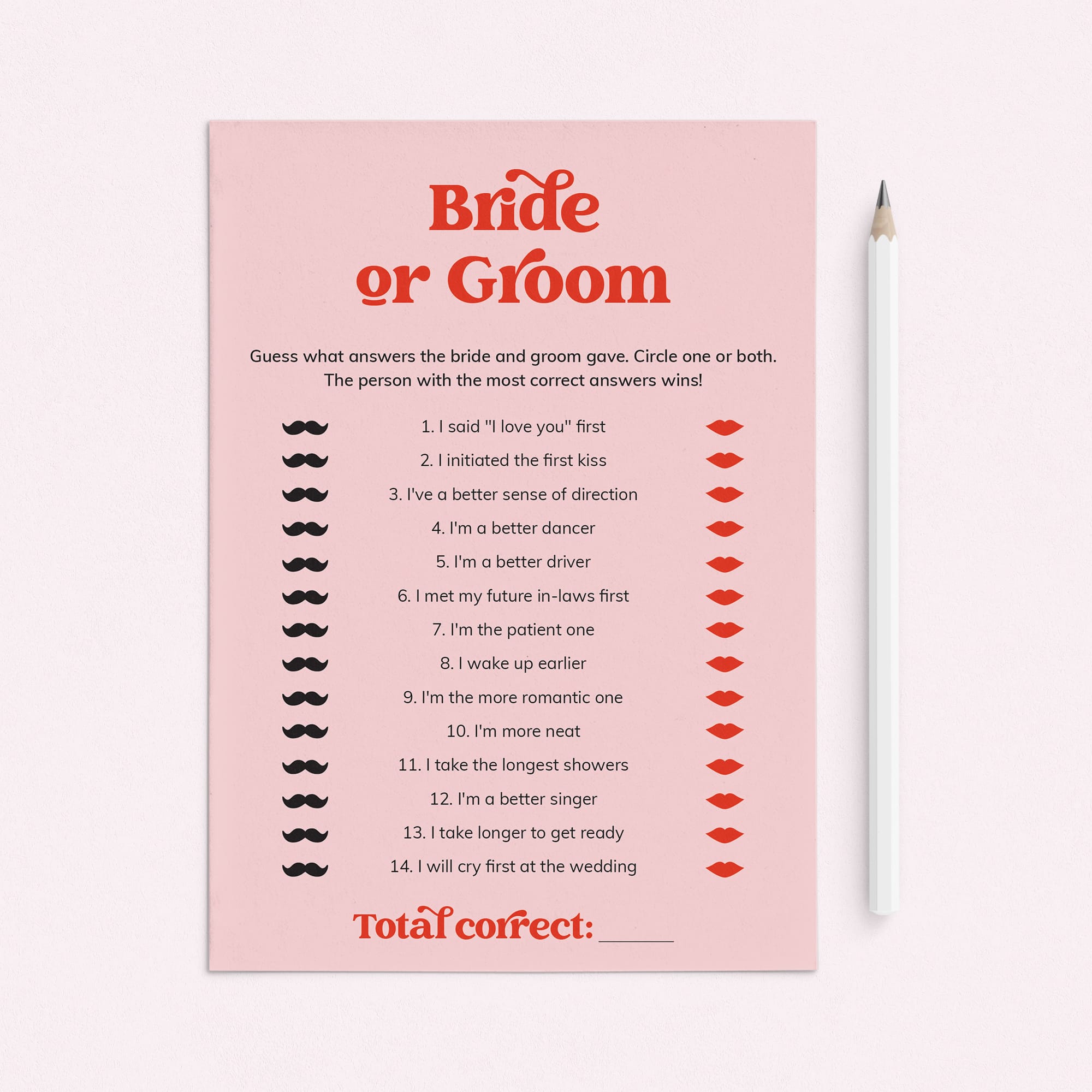 Bride or Groom Questions Pink and Red Bridal Shower Game by LittleSizzle