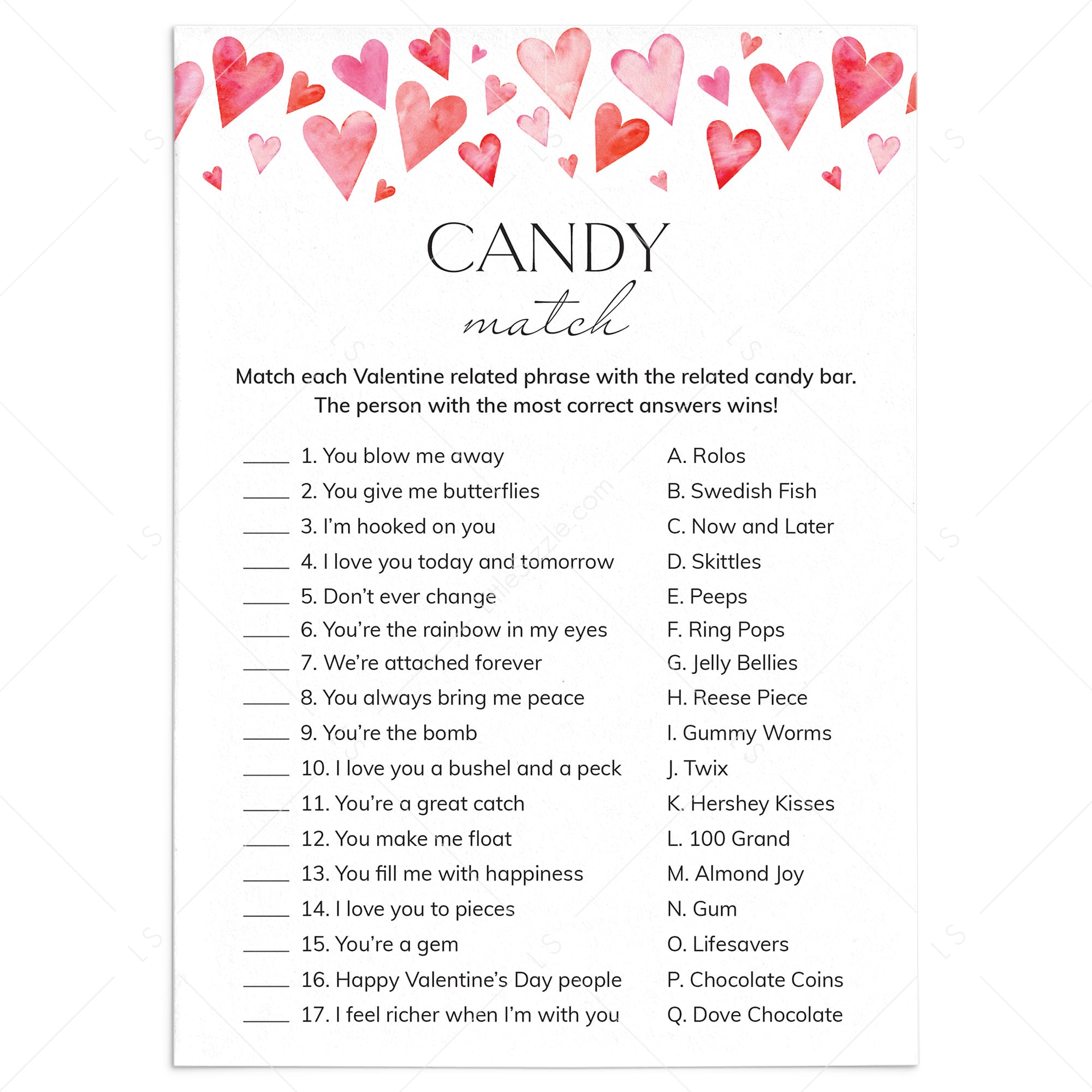 Valentine Candy Match with Answers PDF Digital Download by LittleSizzle