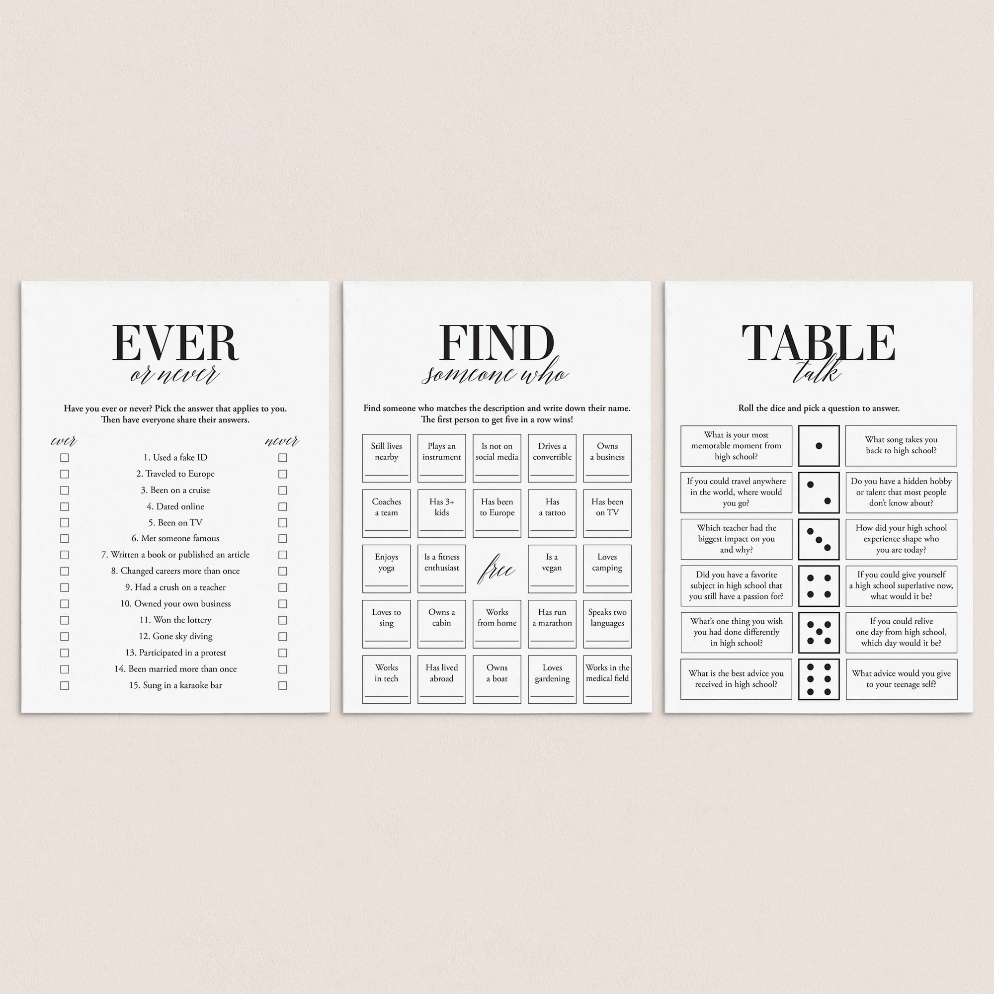 Class Reunion Icebreakers Printable by LittleSizzle