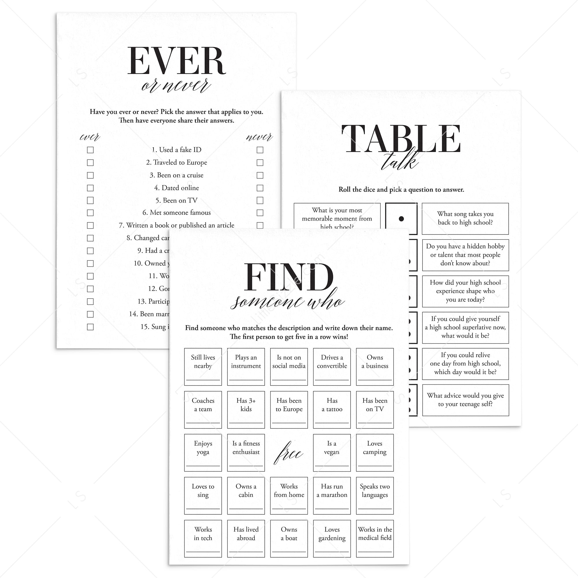 Class Reunion Icebreakers Printable by LittleSizzle