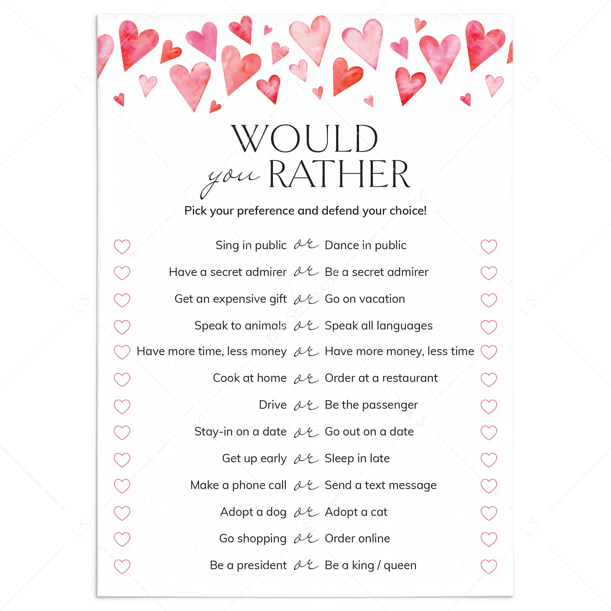 Would You Rather for Couples Game Printable by LittleSizzle