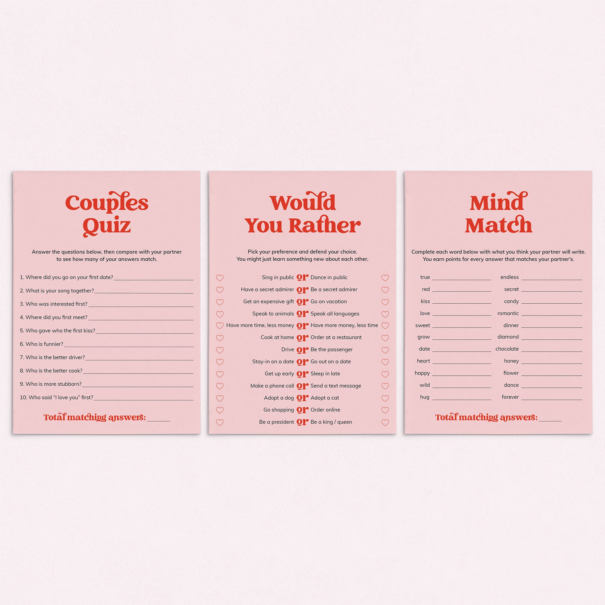 Pink Red Couples Games Printable Date Night Games by LittleSizzle