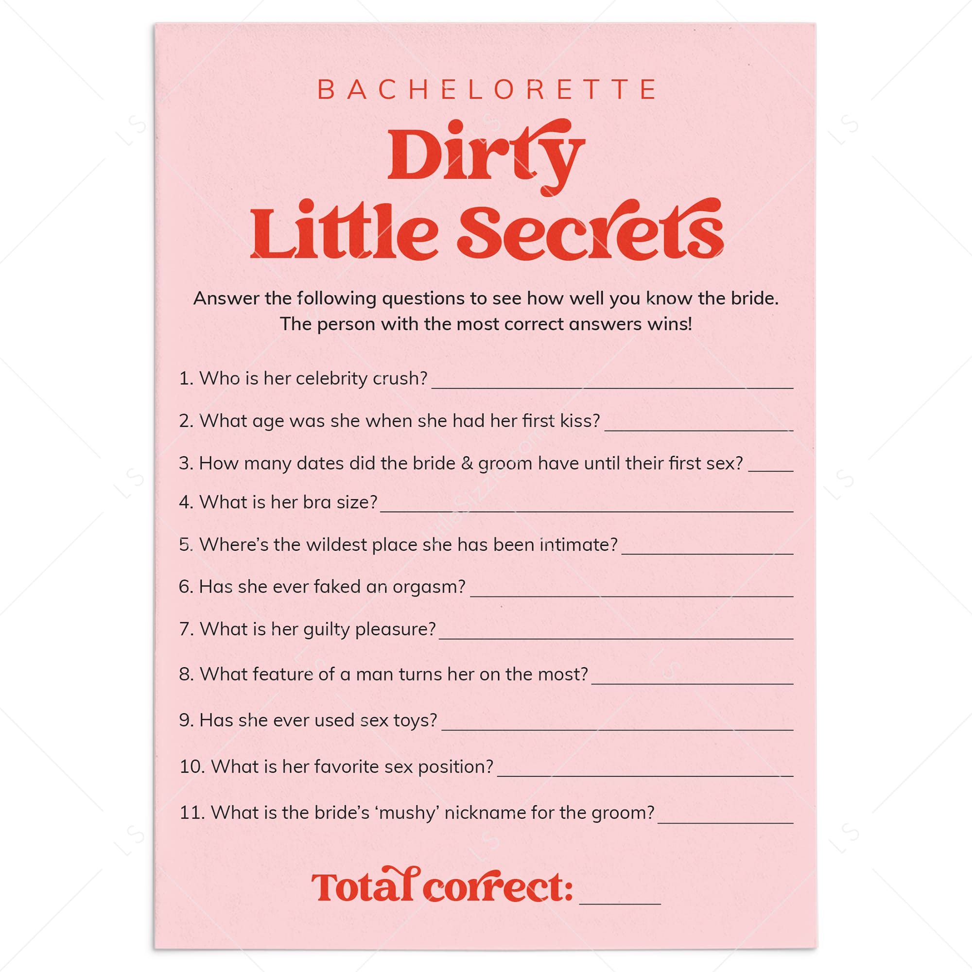 Bachelorette Dirty Little Secrets Party Game Printable by LittleSizzle