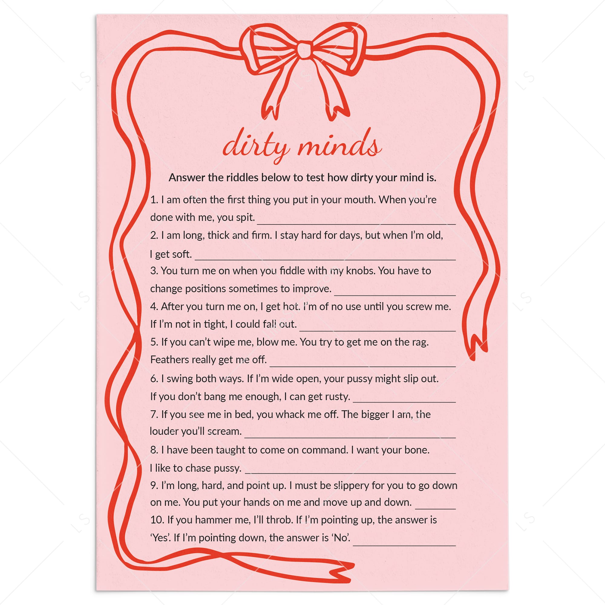Pink Wavy Border Dirty Minds game with Answers Digital Download by LittleSizzle