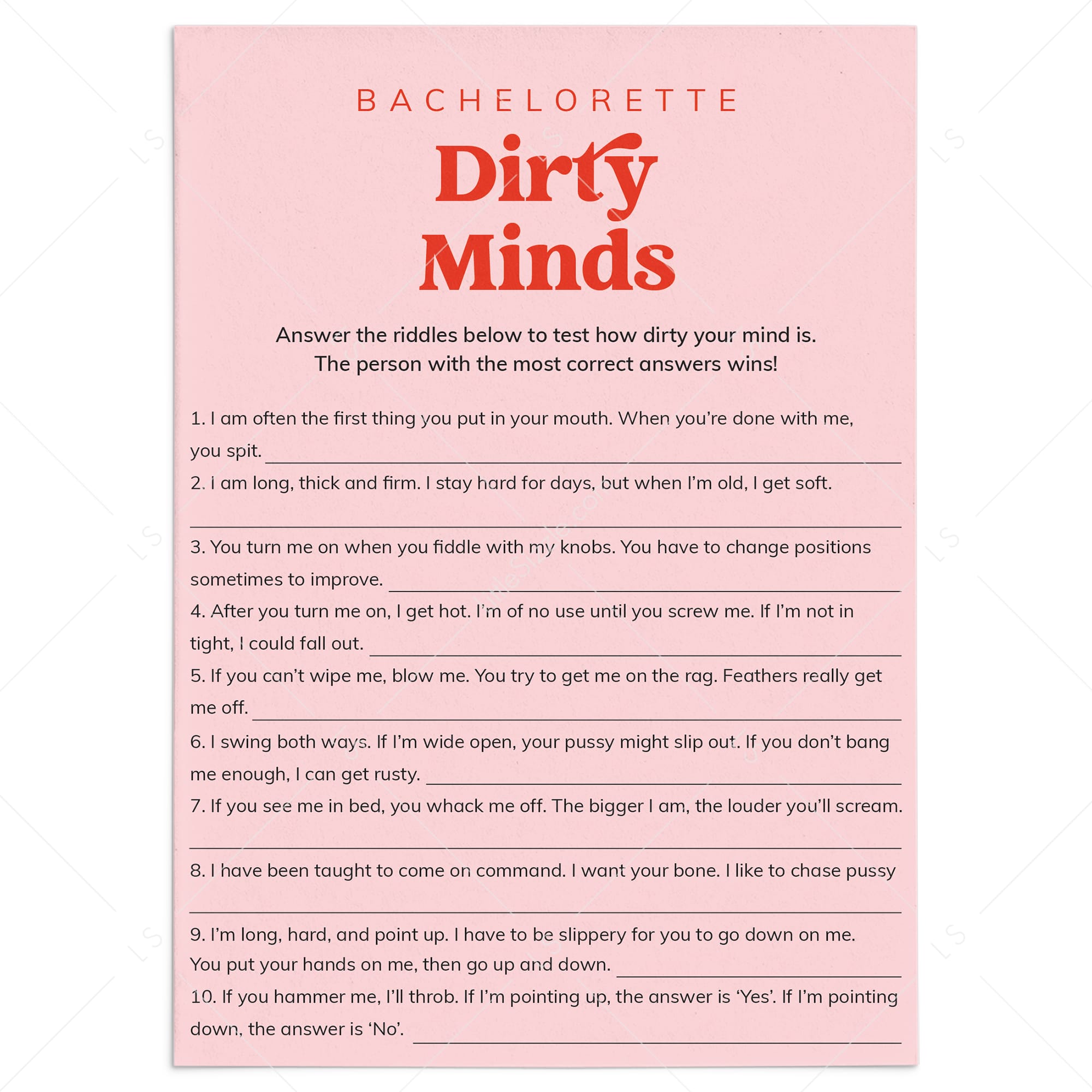 Bachelorette Dirty Minds Answers Included Printable Game by LittleSizzle