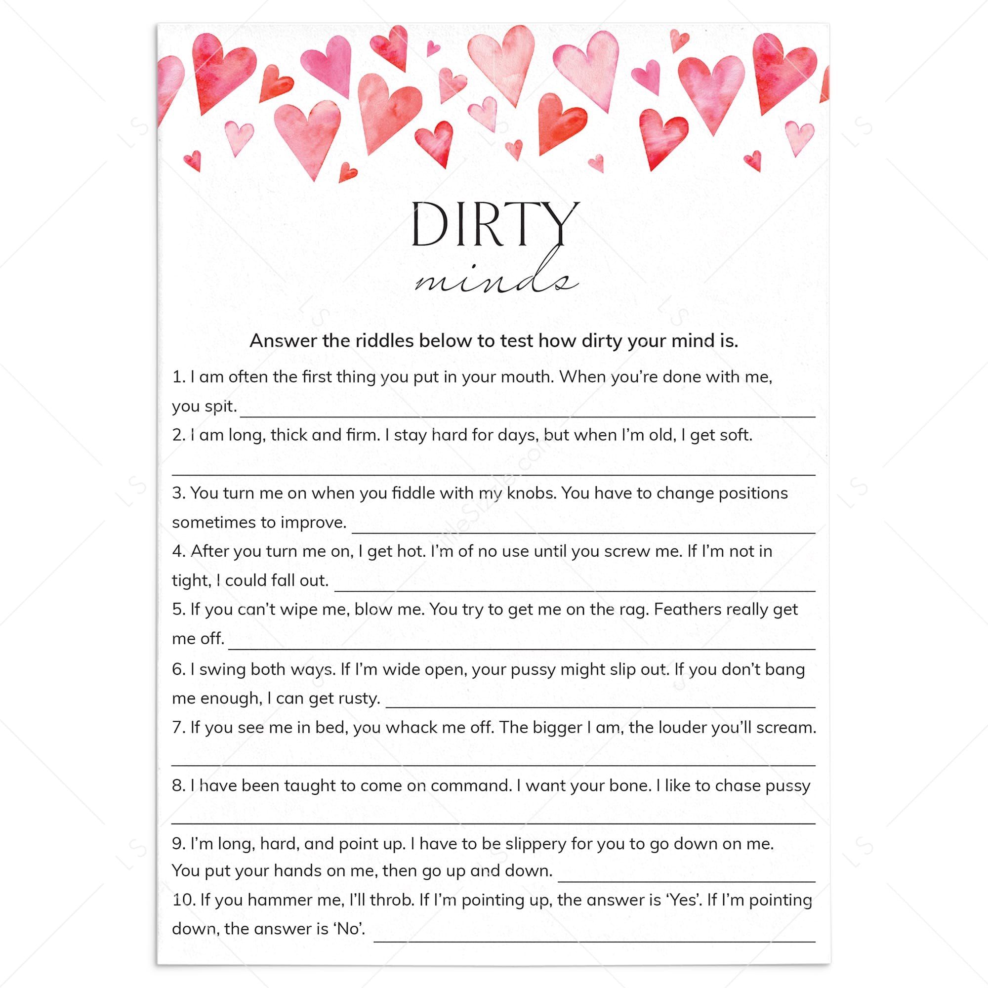Adult Game Dirty Minds Printable with Answer Key by LittleSizzle