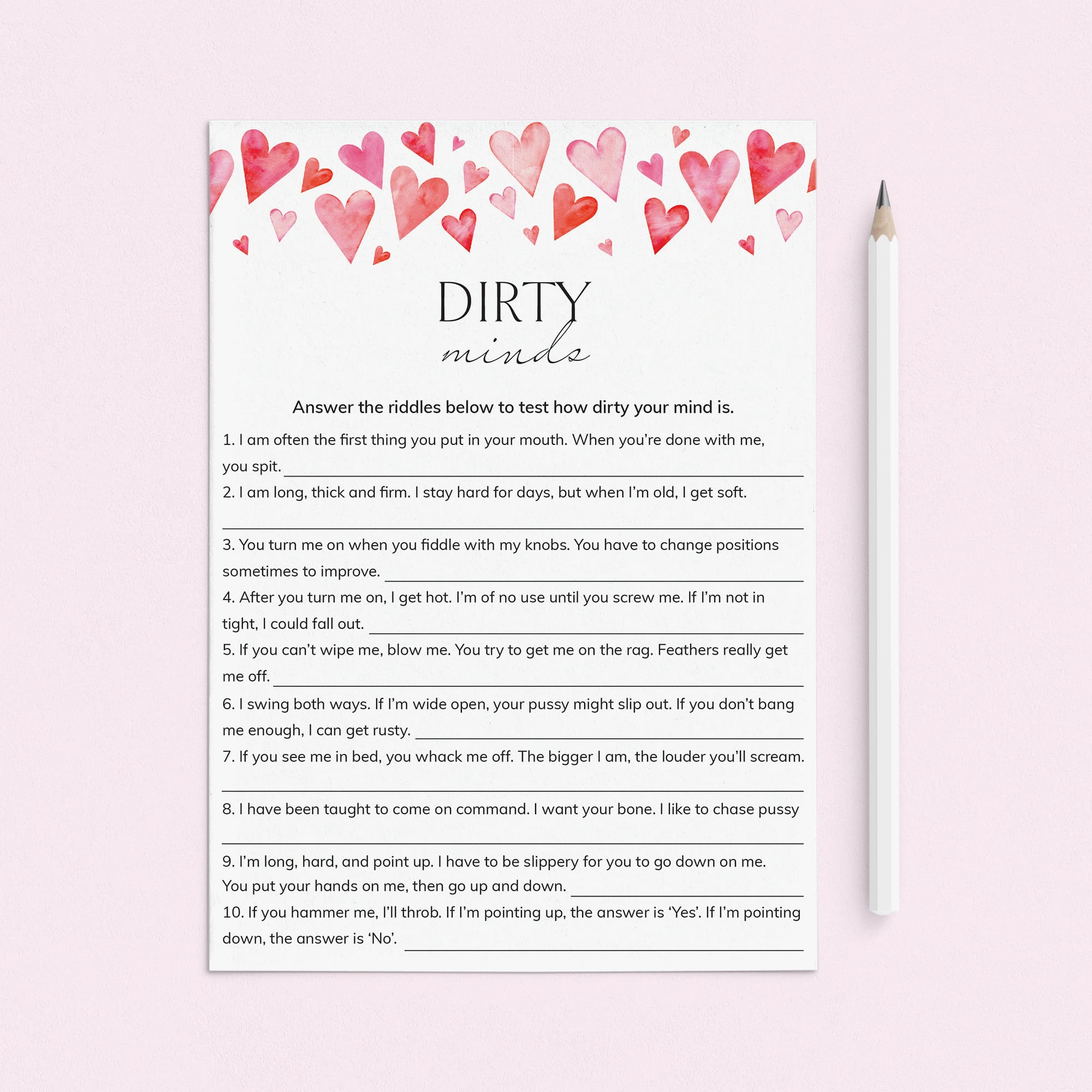 Adult Game Dirty Minds Printable with Answer Key by LittleSizzle