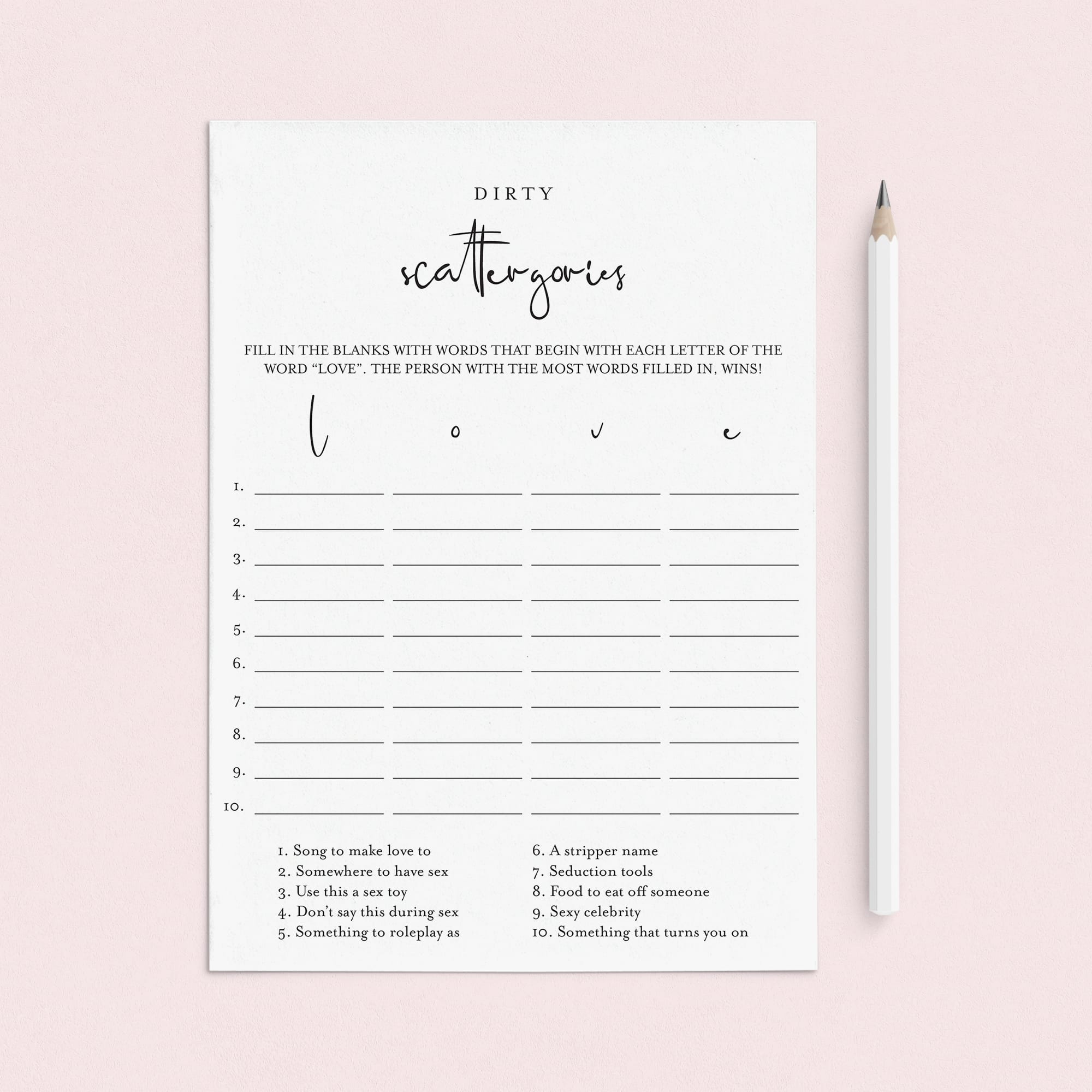 Adult Party Game Dirty Scattergories Printable by LittleSizzle