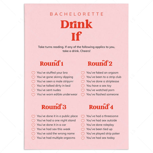 Bachelorette Party Drink If Printable Game Pink and Red by LittleSizzle