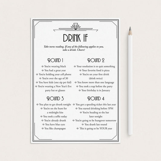 Gatsby New Year's Eve Party Drinking Game Card Printable by LittleSizzle