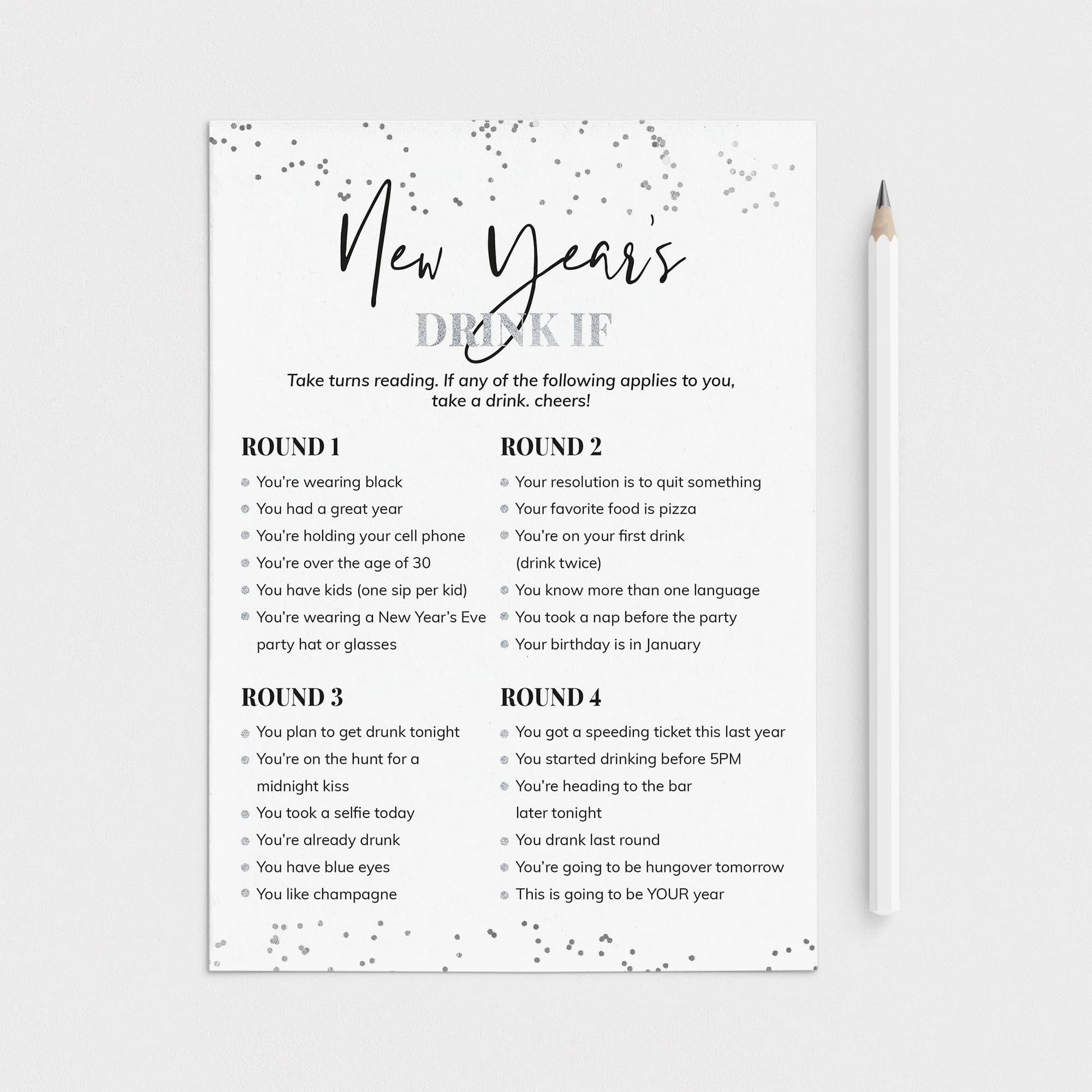 Silver New Year's Party Drink If Game Card Printable by LittleSizzle