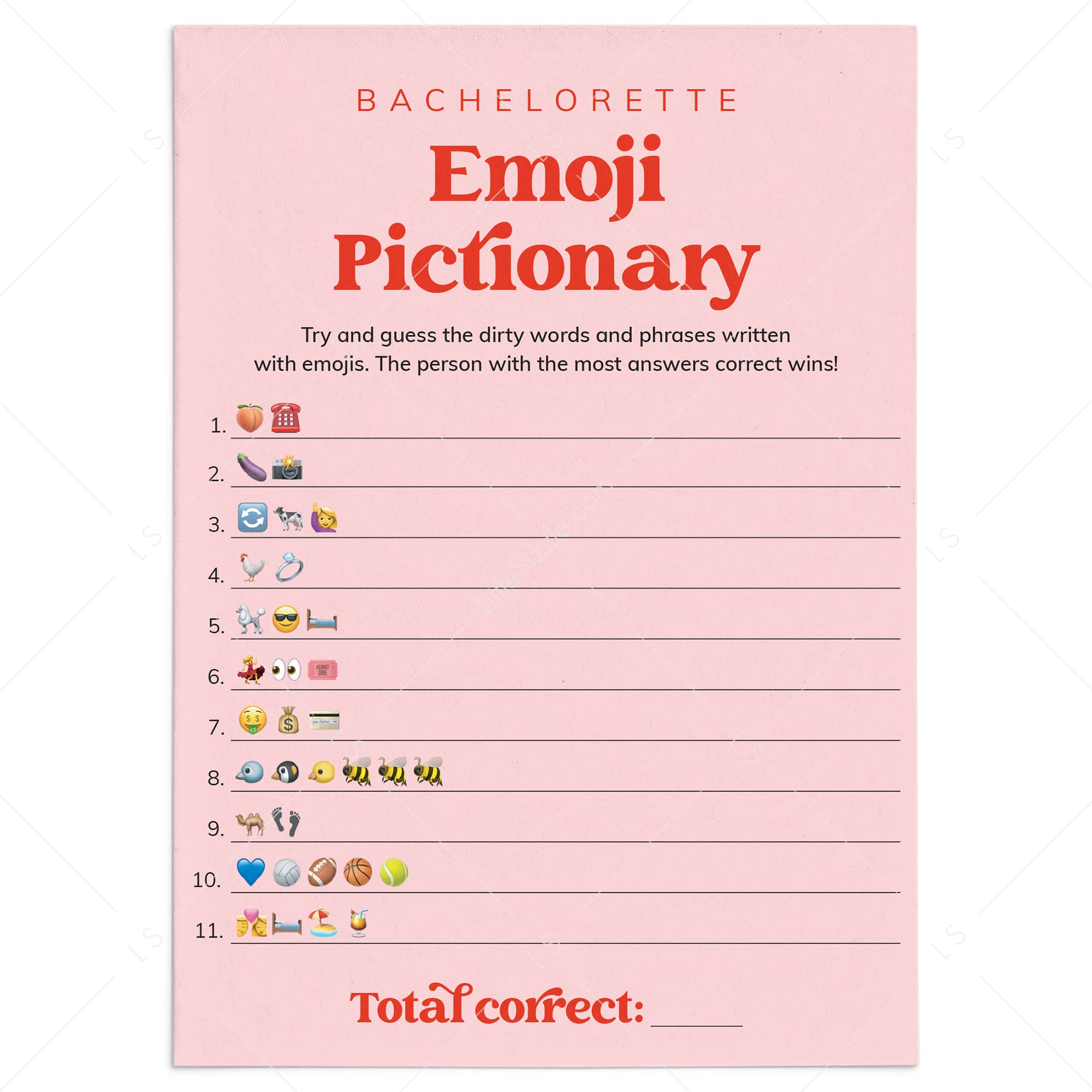 Bachelorette Emoji Pictionary Game Printable Pink and Red by LittleSizzle