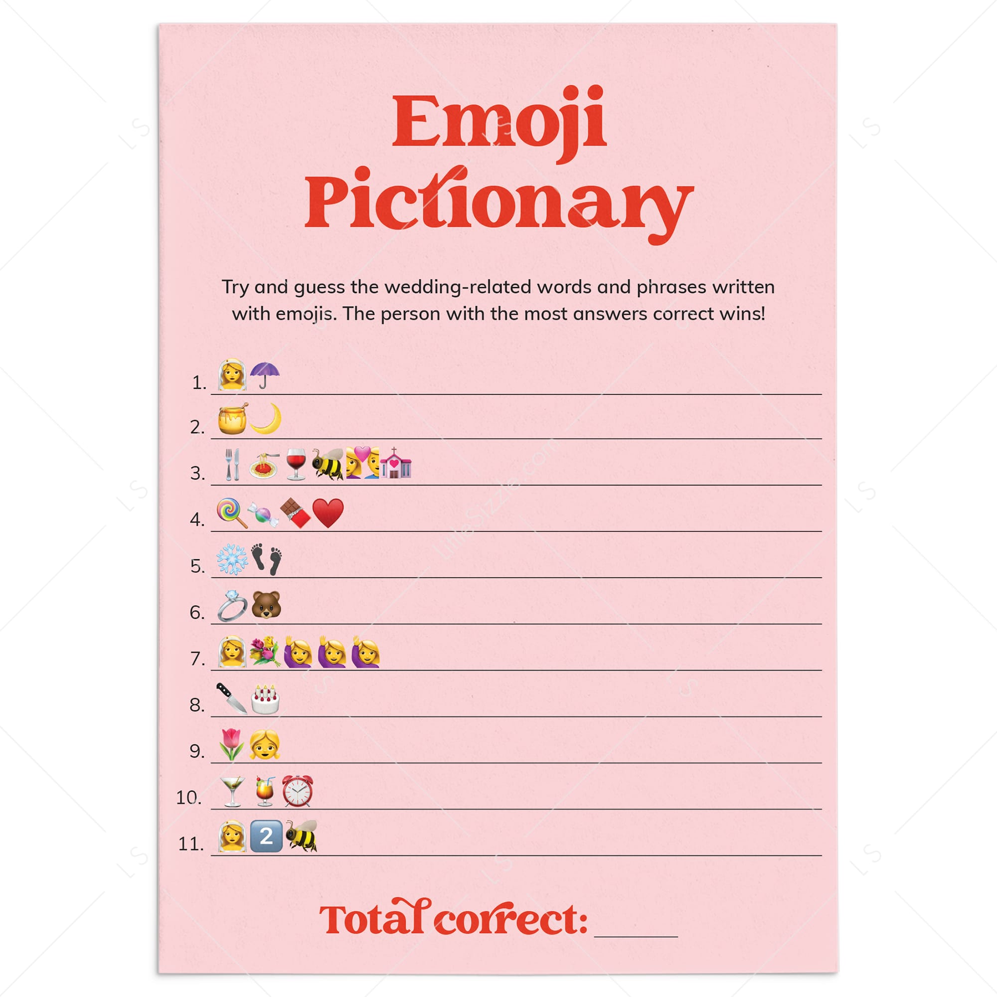 Pink and Red Bridal Emoji Pictionary Game Answers Included by LittleSizzle