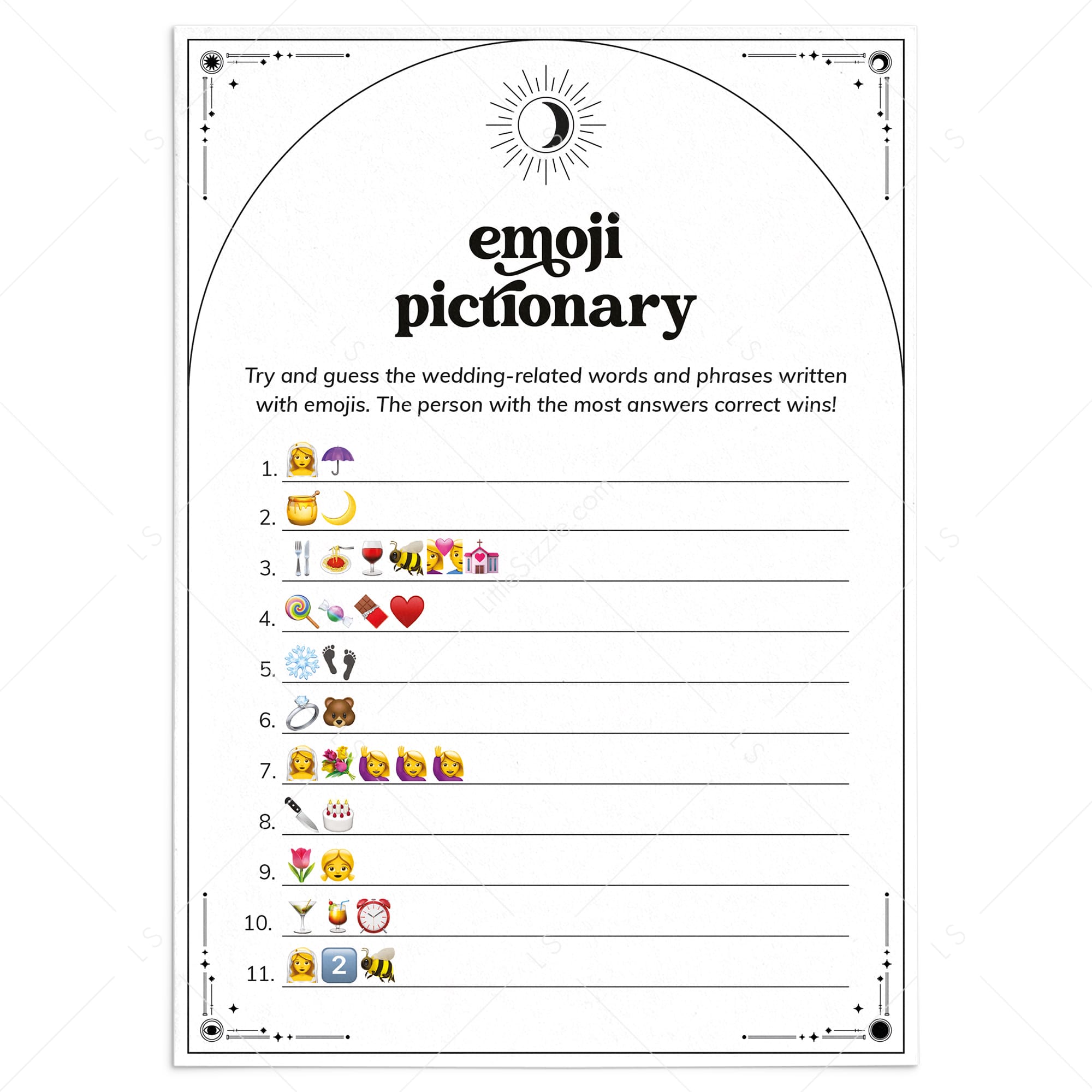Celestial Wedding Shower Emoji Pictionary Game with Answers Download by LittleSizzle