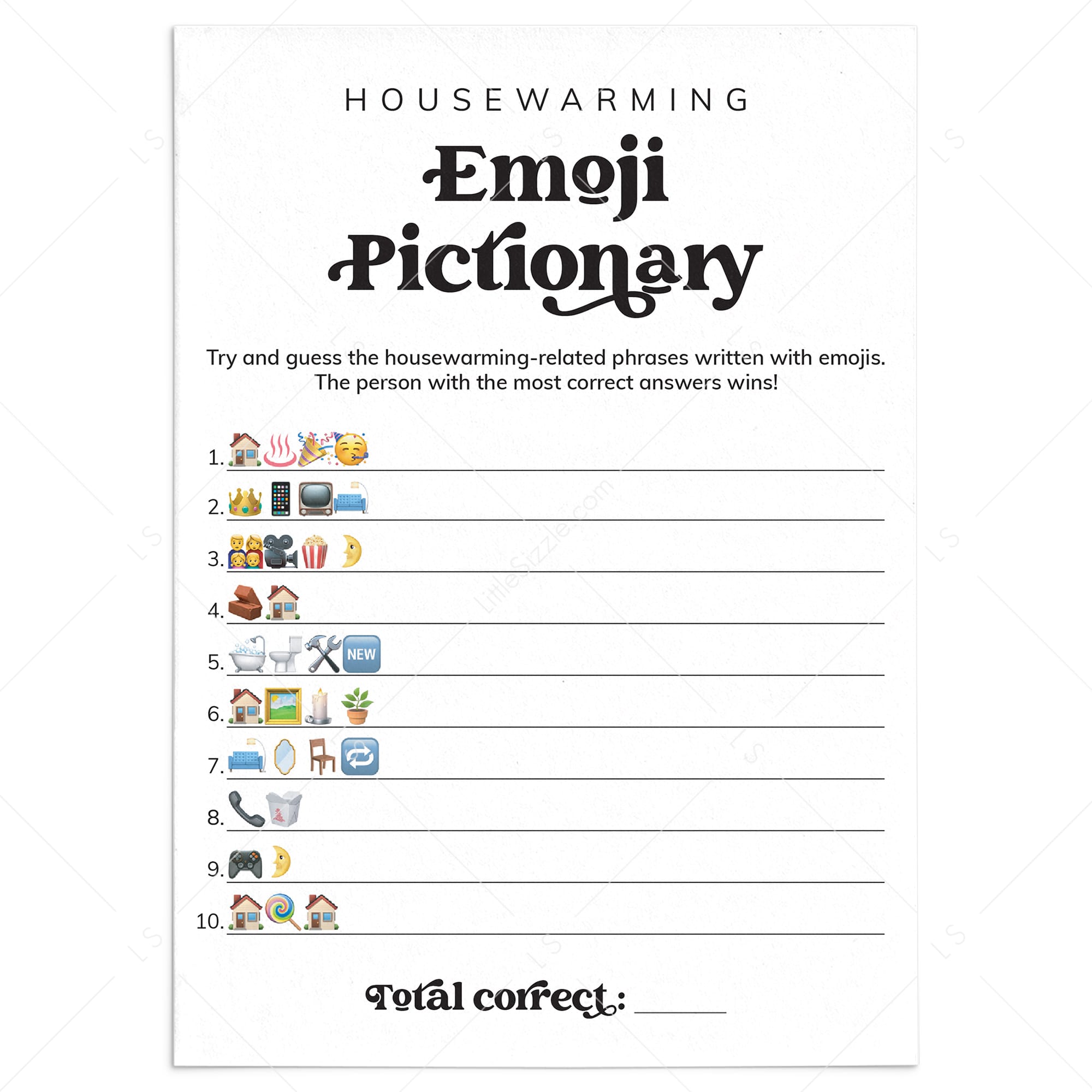 Housewarming Party Game Emoji Pictionary with Answers Digital Download by LittleSizzle