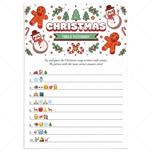 Printable Christmas Emoji Pictionary Game Card with Answers by LittleSizzle