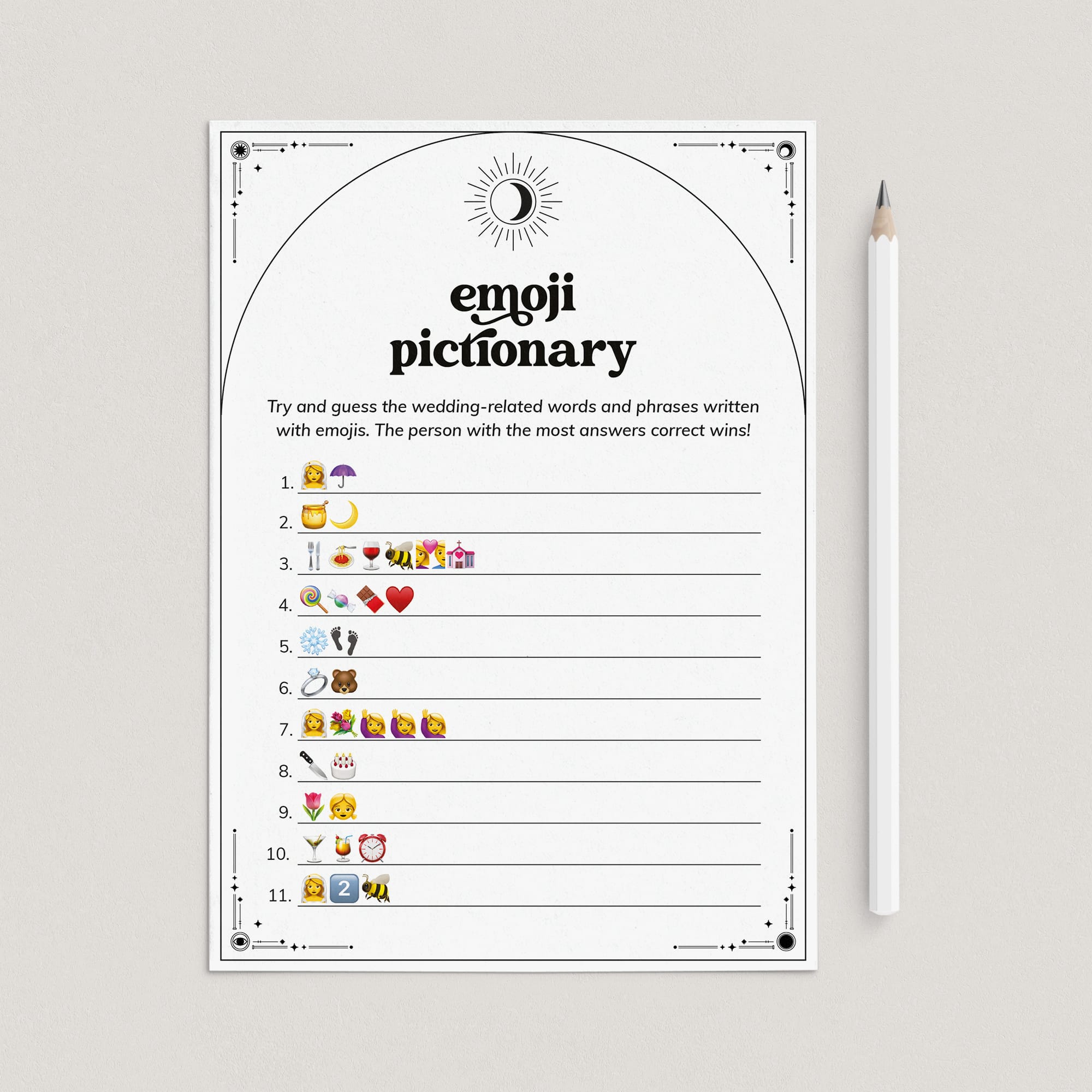Celestial Wedding Shower Emoji Pictionary Game with Answers Download by LittleSizzle
