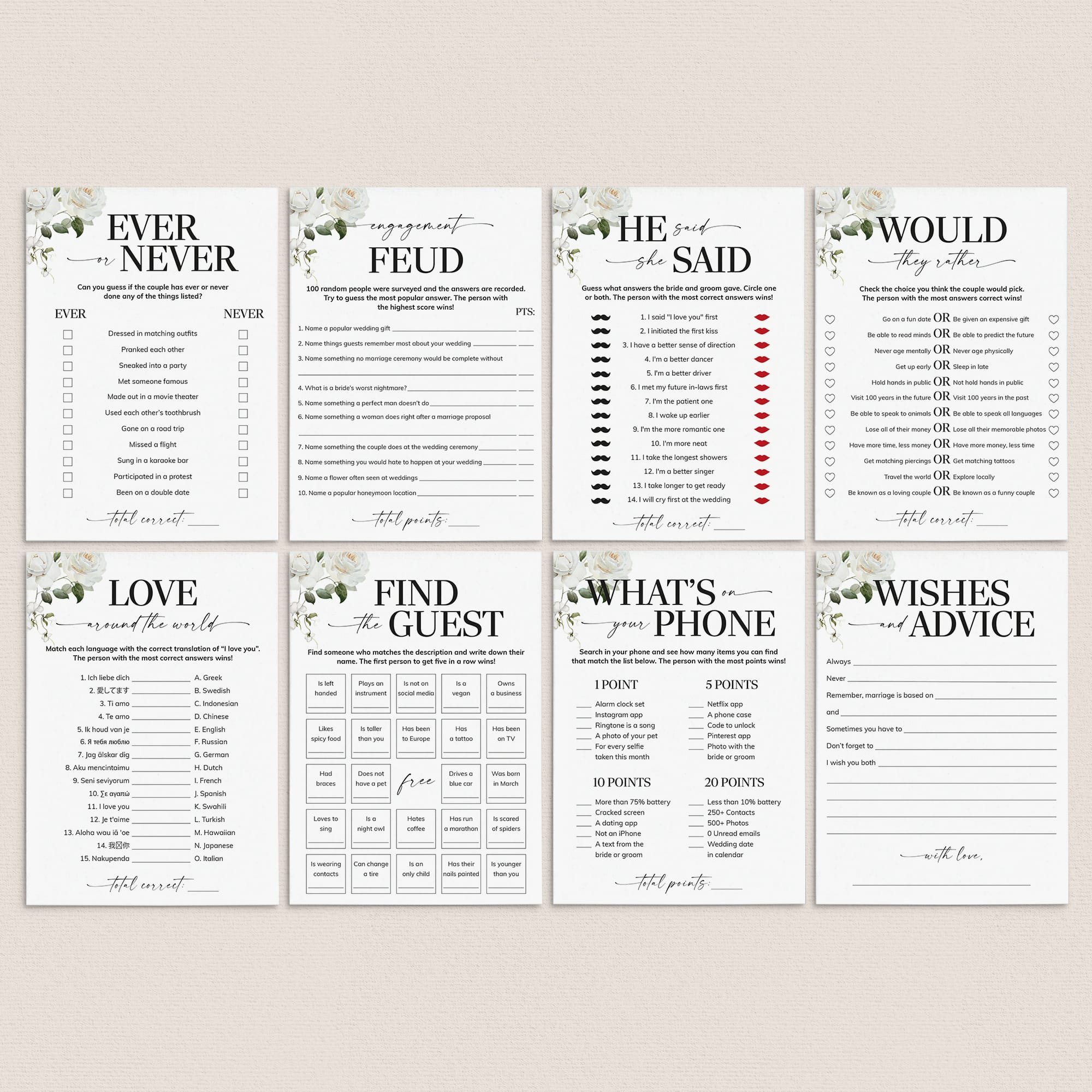 Engagement Party Games for Couples Printable White Floral by LittleSizzle