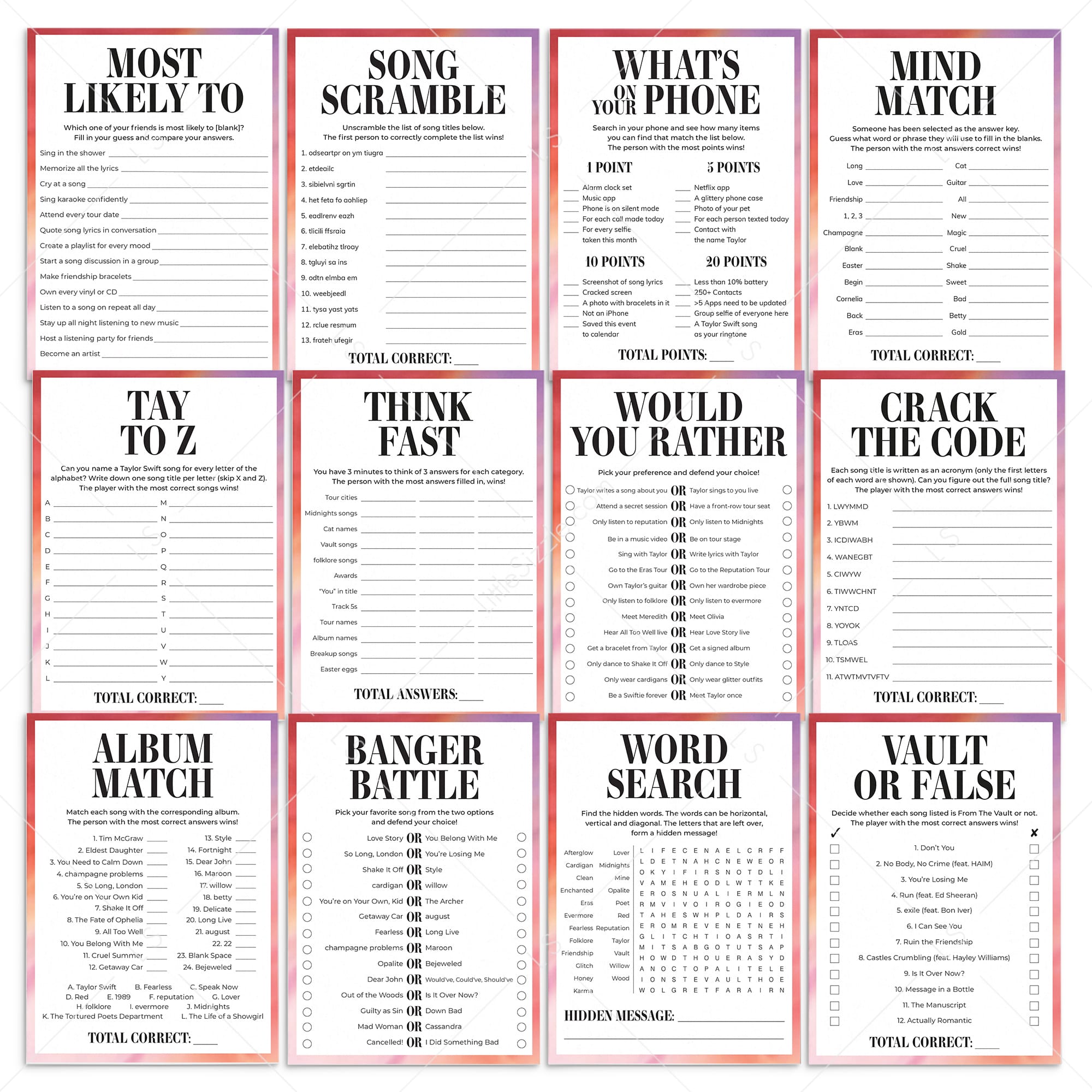 Eras Watch Party Games Bundle | The Final Show Viewing Party by LittleSizzle