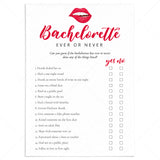 Ever or Never Bachelorette Game Printable Cheeky Red Lips by LittleSizzle