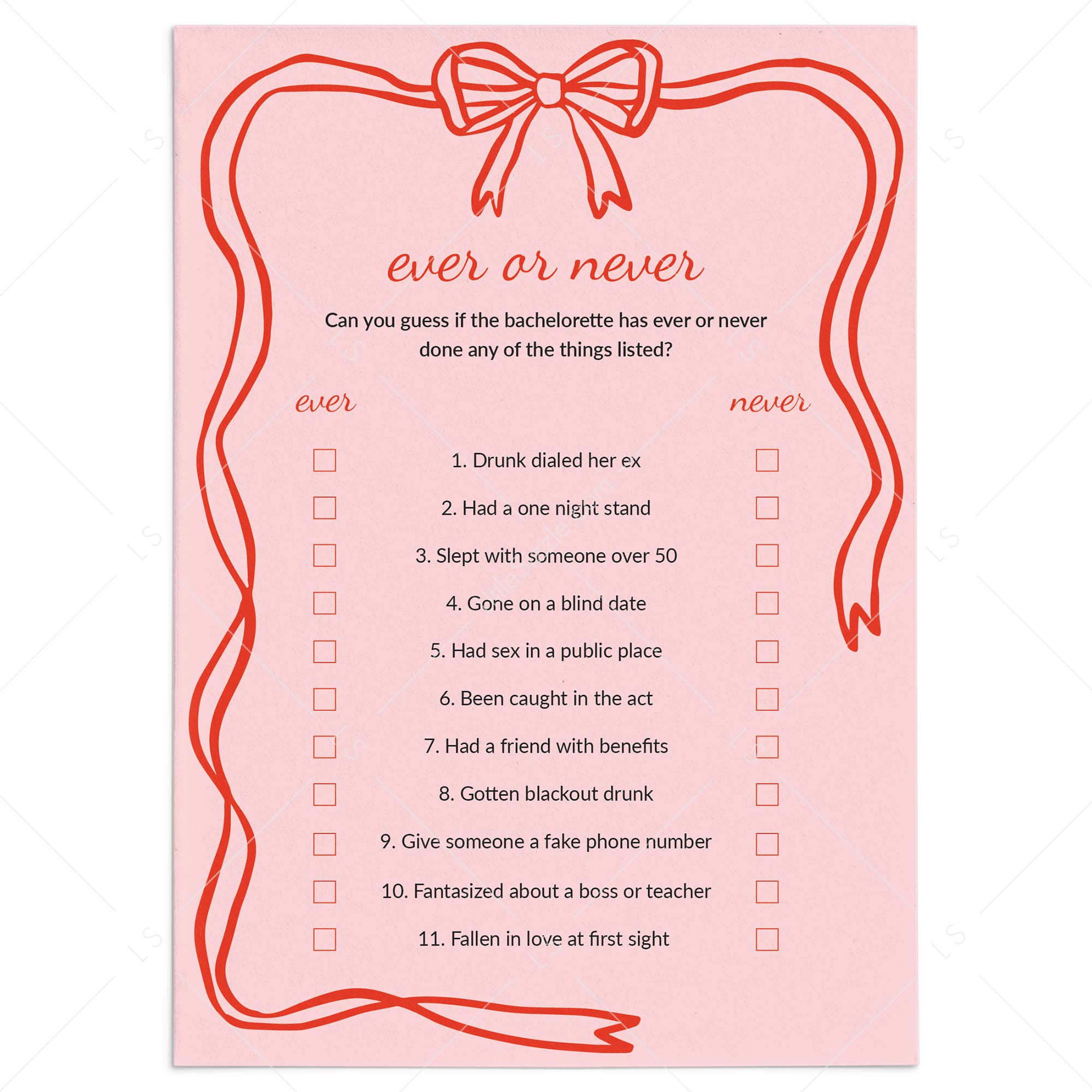 Ever or Never Printable Bachelorette Party Game Pink Wavy Border by LittleSizzle