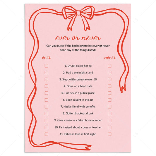 Ever or Never Printable Bachelorette Party Game Pink Wavy Border by LittleSizzle