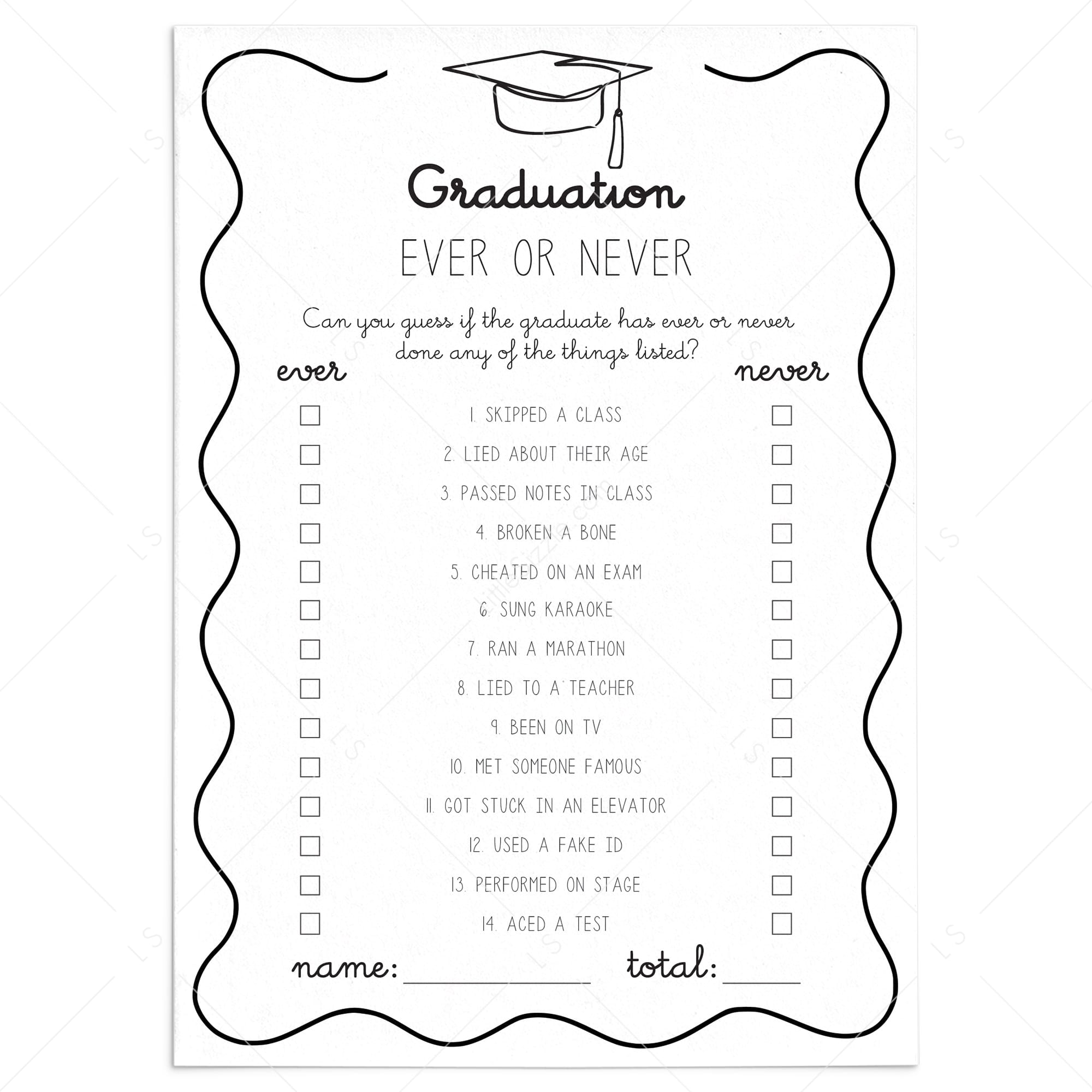 Graduation Party Game Ever or Never Printable by LittleSizzle