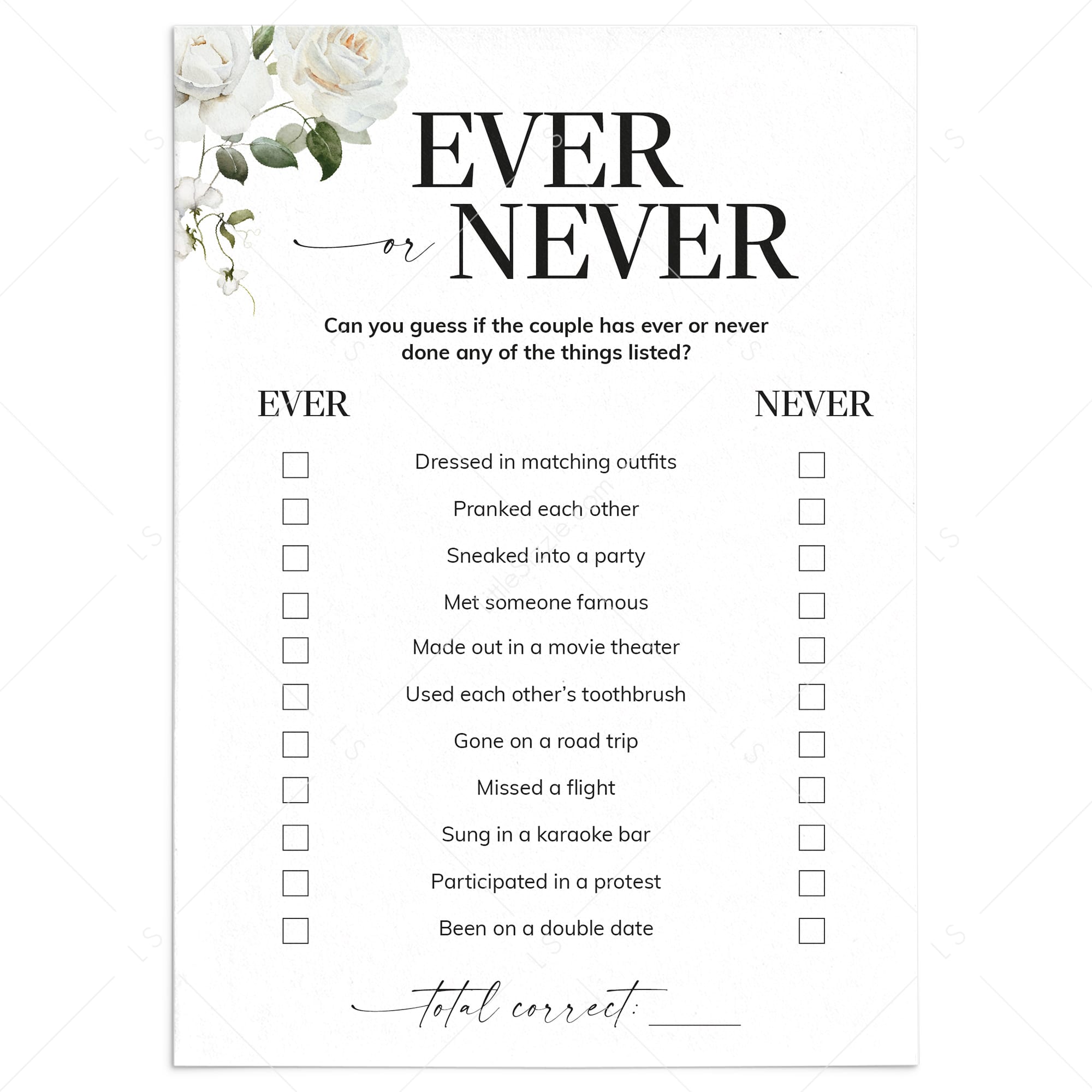 Ever or Never Questions for Couples Shower Printable by LittleSizzle