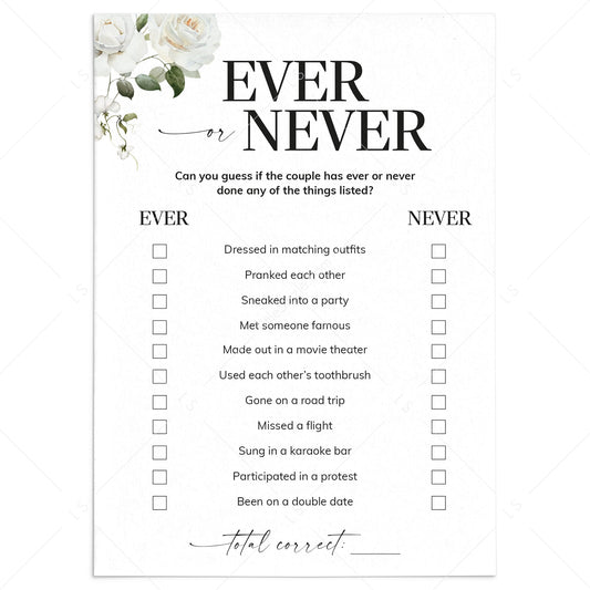 Ever or Never Questions for Couples Shower Printable by LittleSizzle