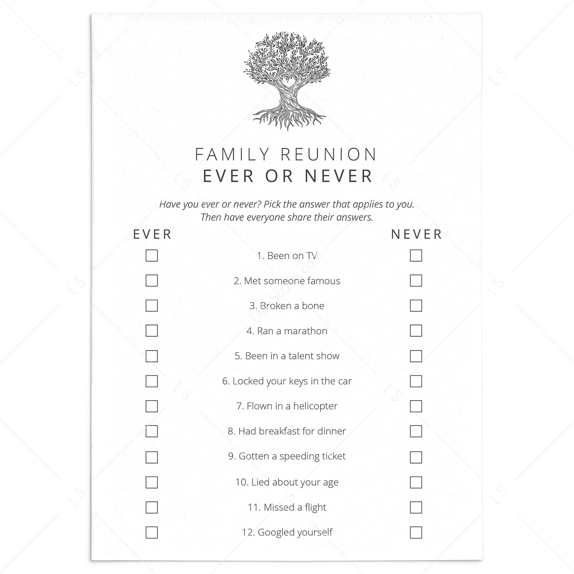 Ever or Never Family Reunion Game Printable by LittleSizzle