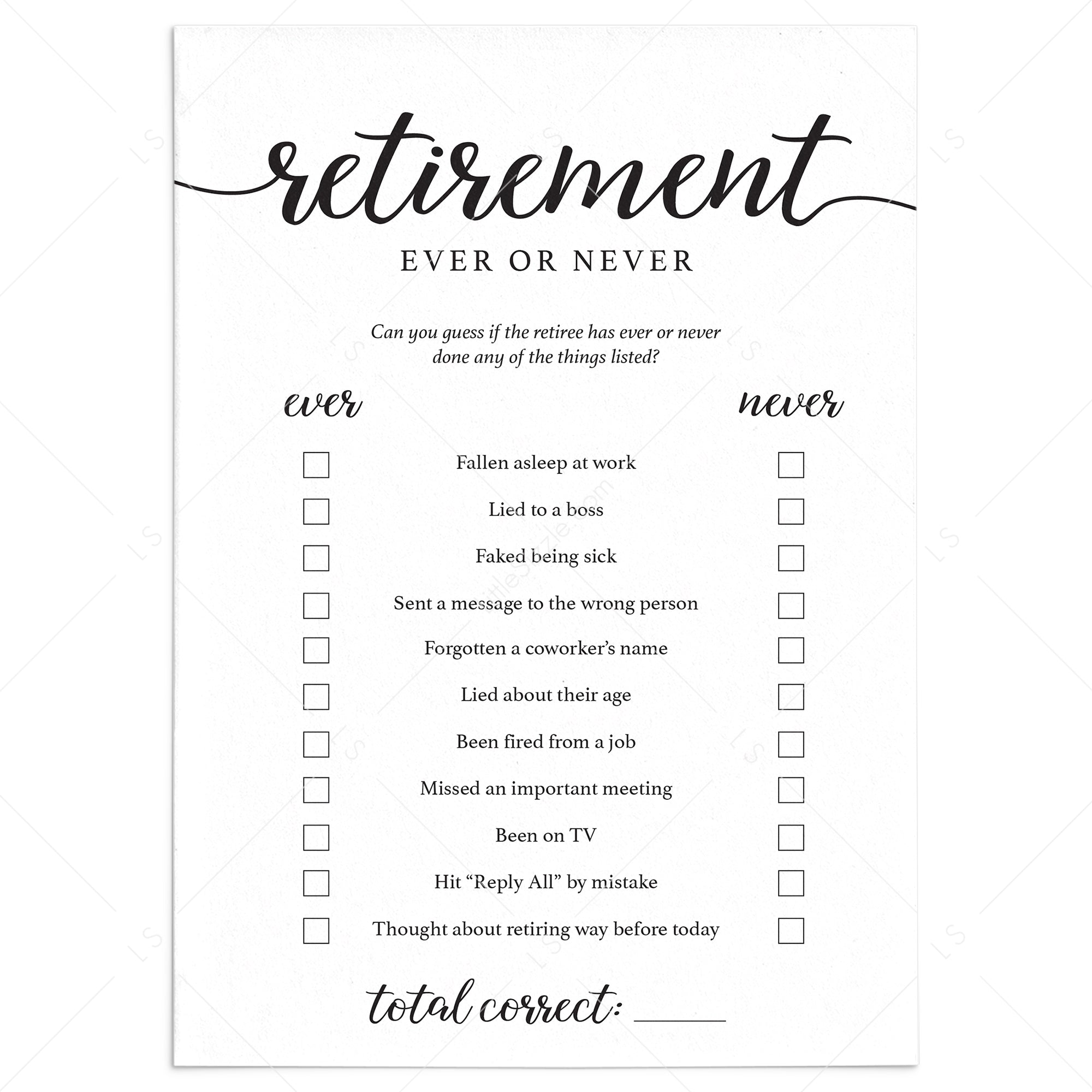 Retirement Ever or Never Game Printable by LittleSizzle
