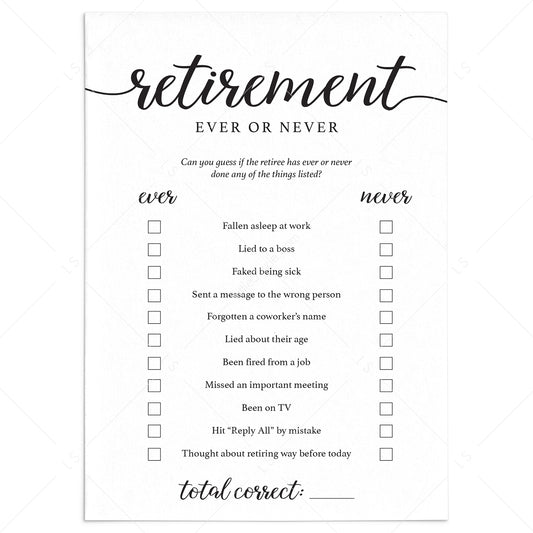 Retirement Ever or Never Game Printable by LittleSizzle