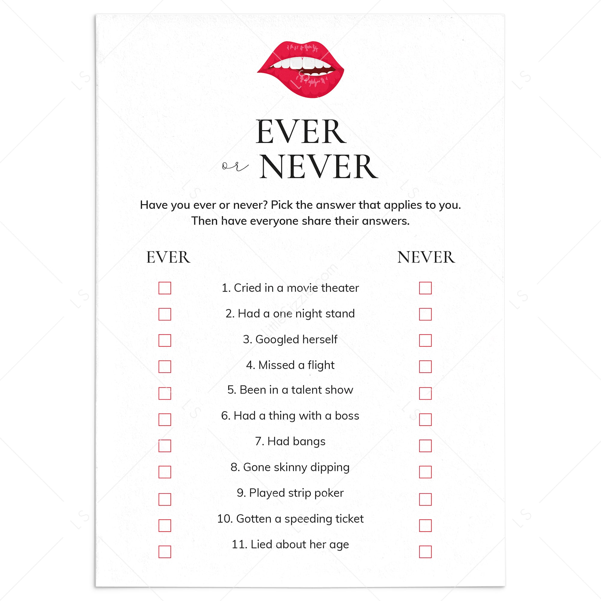 Adult Ladies Night Game Ever or Never Printable by LittleSizzle