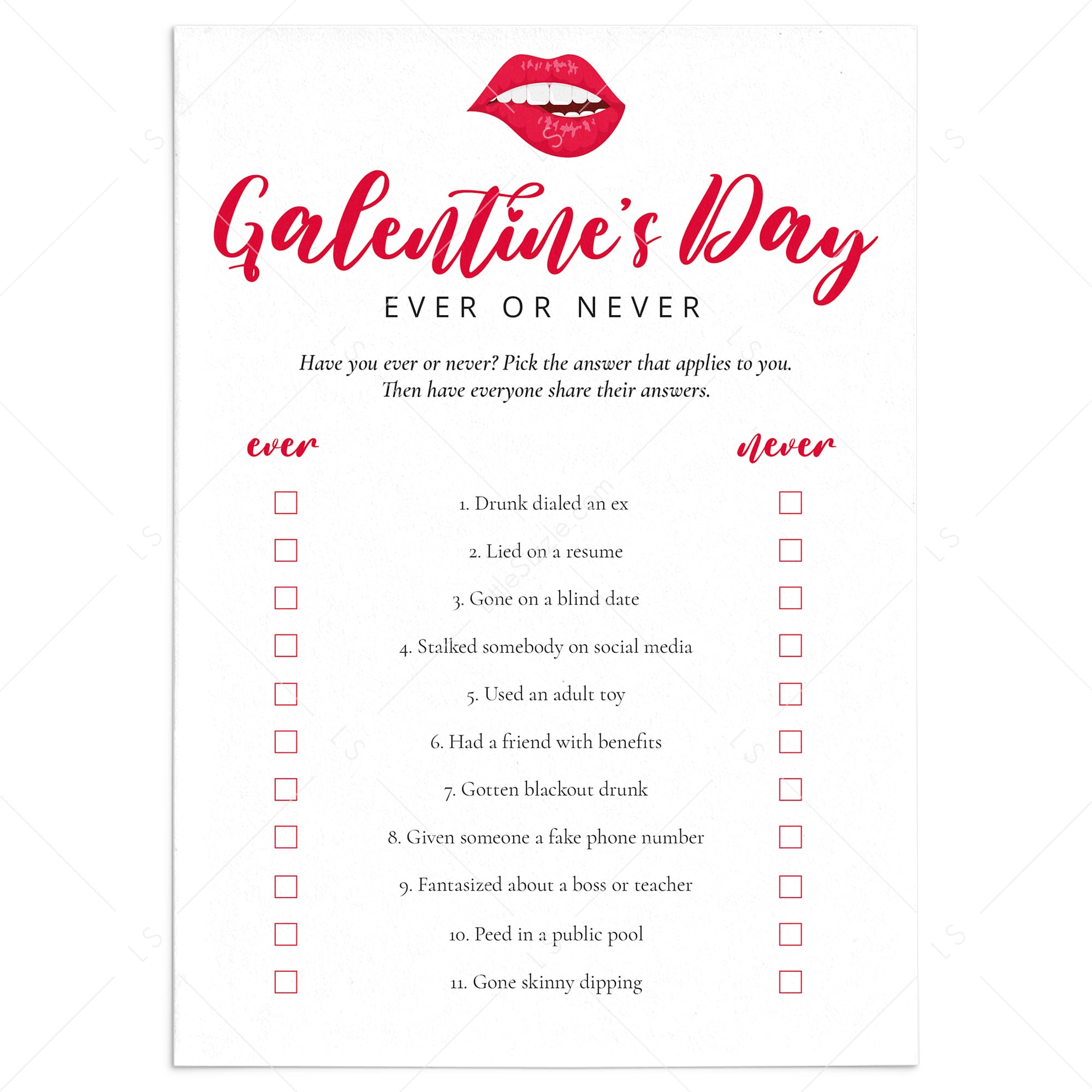 Galentine's Day Party Icebreaker Game Ever or Never Printable by LittleSizzle