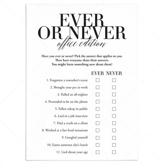 Ever or Never Office Party Icebreaker Game Printable by LittleSizzle