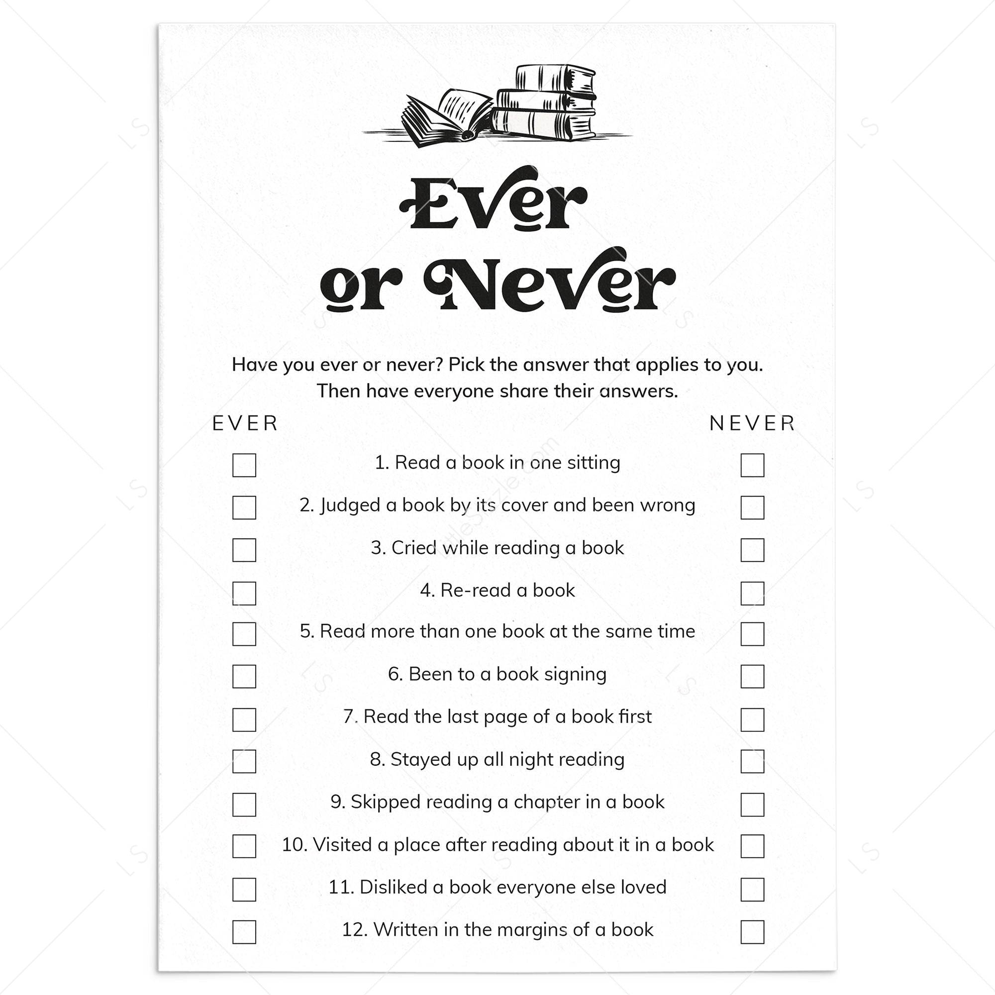 Printable Book Club Never Have I Ever Questions by LittleSizzle