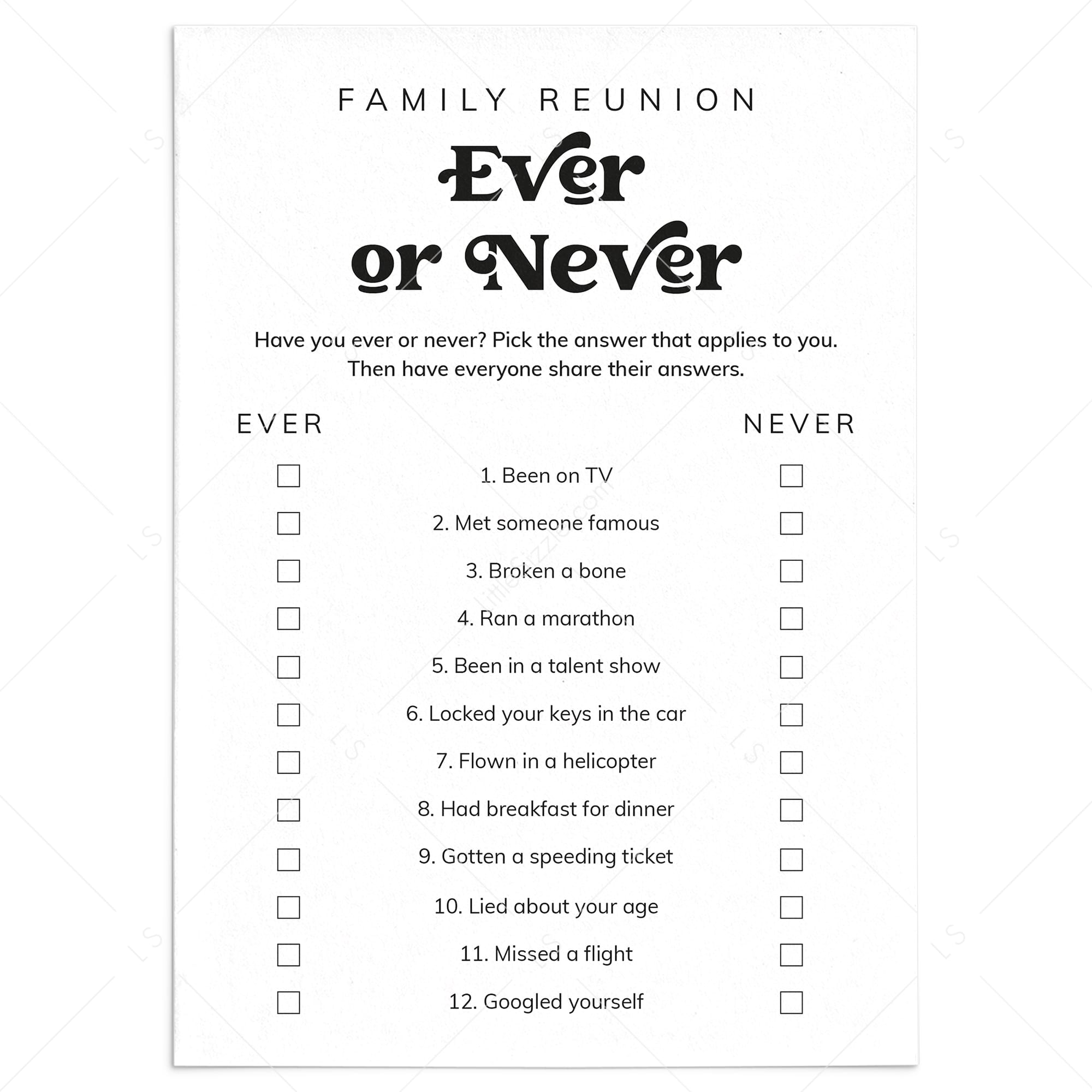 Family Reunion Ever or Never Printable Icebreaker by LittleSizzle