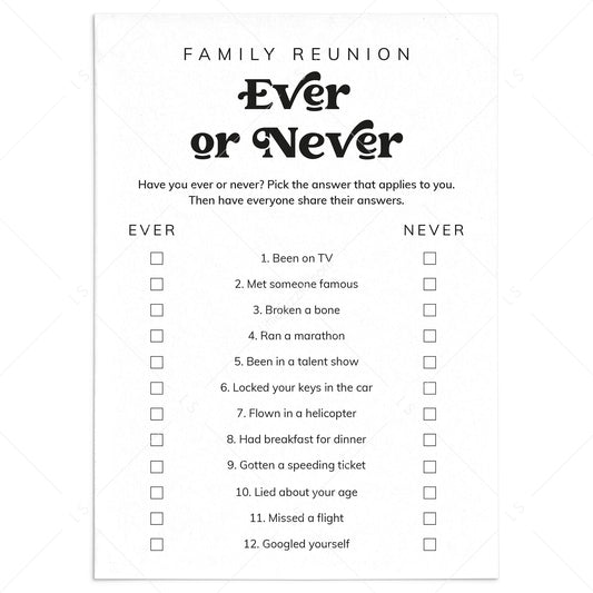 Family Reunion Ever or Never Printable Icebreaker by LittleSizzle